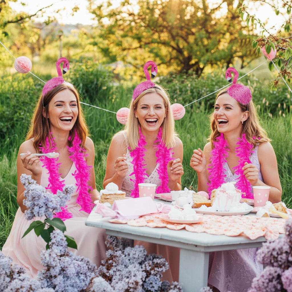 Solsew 8-Piece Hawaii Flamingo Headband & Pink Feather Boa Set | Flamingo Headdress for Carnival & Summer Parties