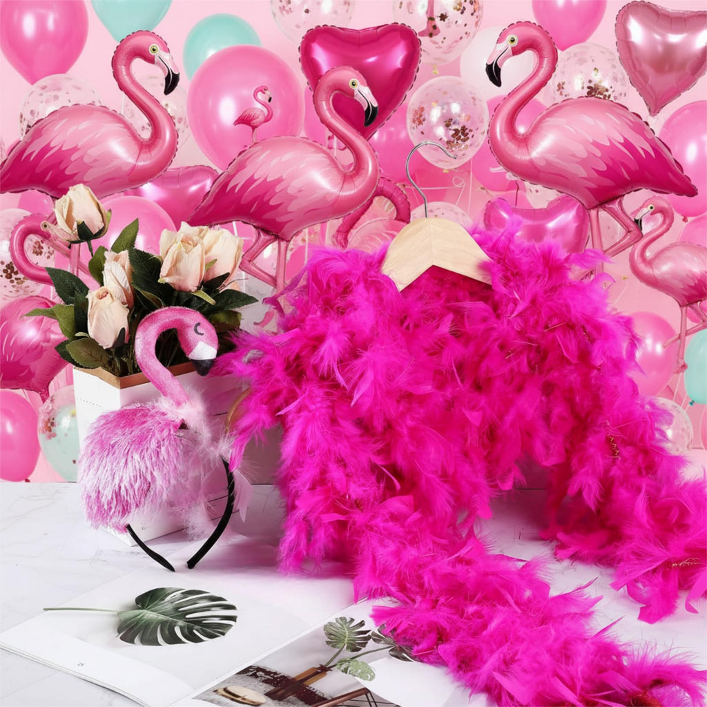 Solsew 8-Piece Hawaii Flamingo Headband & Pink Feather Boa Set | Flamingo Headdress for Carnival & Summer Parties
