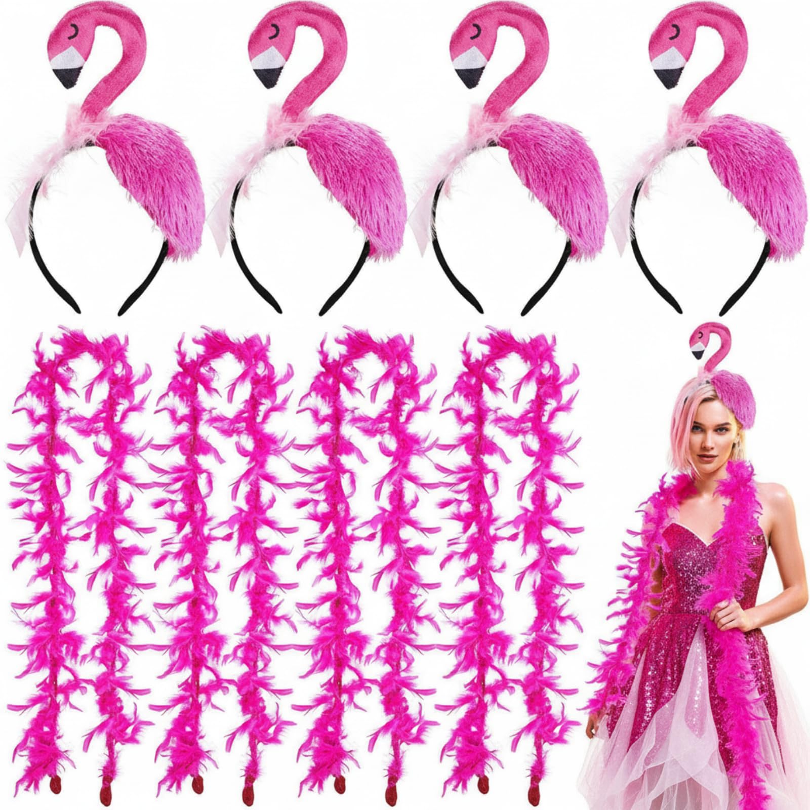 Solsew 8-Piece Hawaii Flamingo Headband & Pink Feather Boa Set | Flamingo Headdress for Carnival & Summer Parties