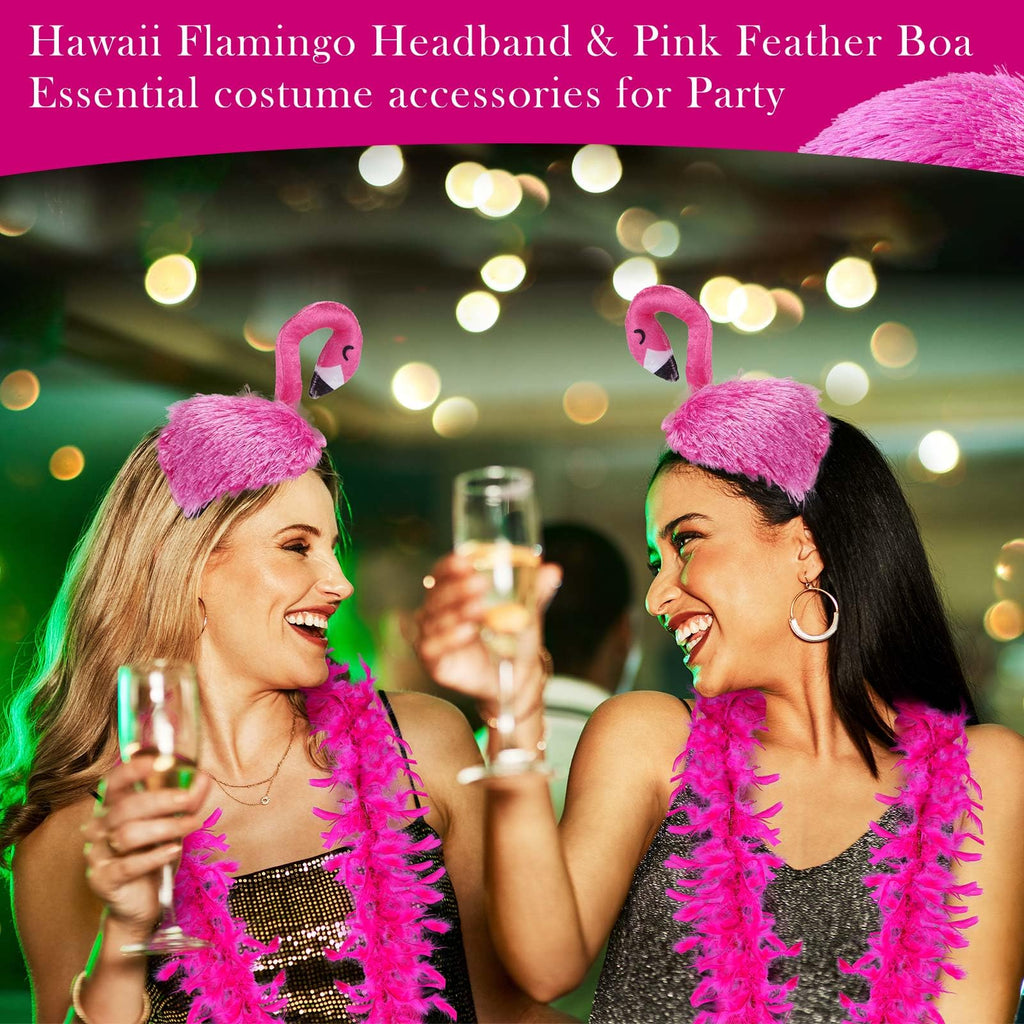 Solsew 8-Piece Hawaii Flamingo Headband & Pink Feather Boa Set | Flamingo Headdress for Carnival & Summer Parties