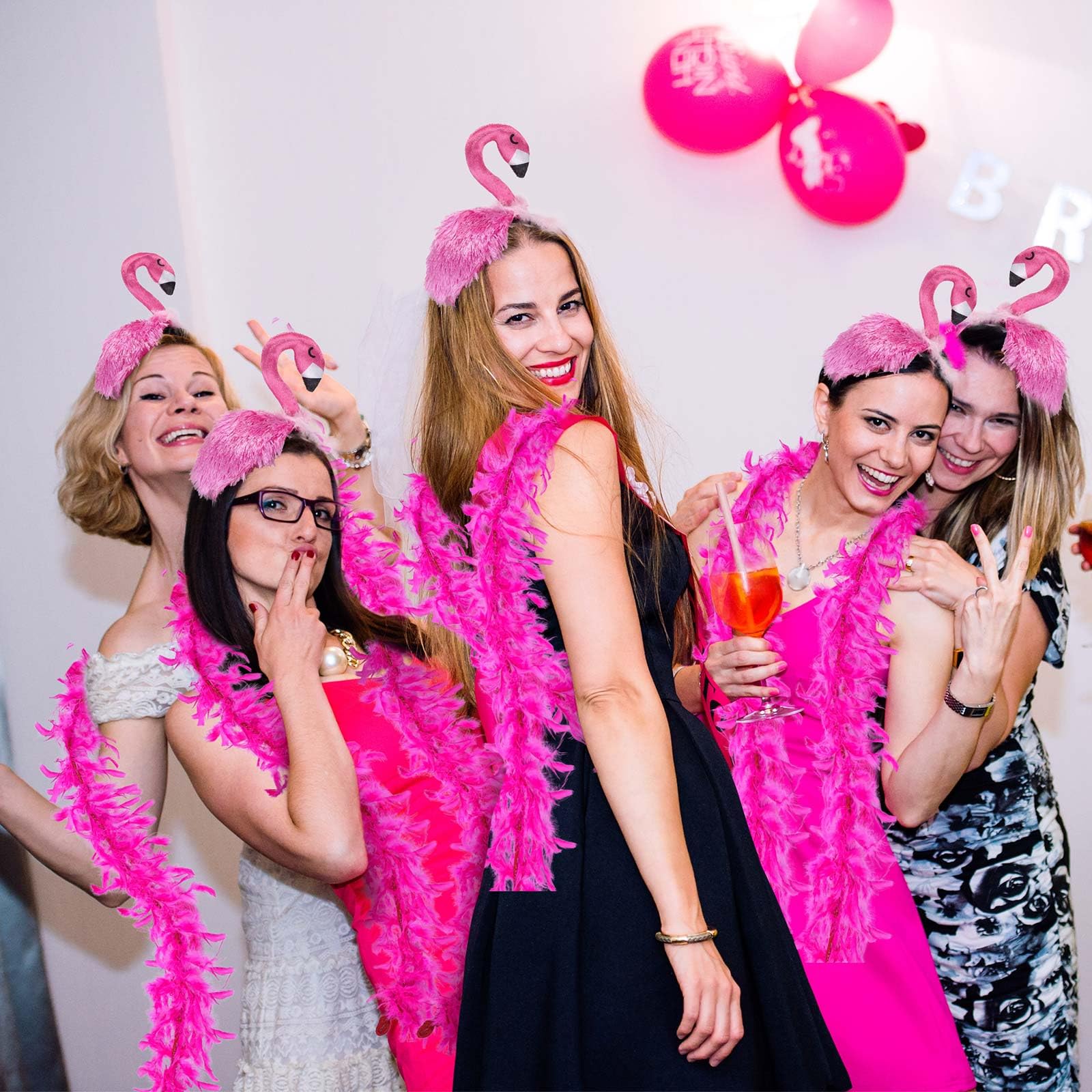 Solsew 8-Piece Hawaii Flamingo Headband & Pink Feather Boa Set | Flamingo Headdress for Carnival & Summer Parties