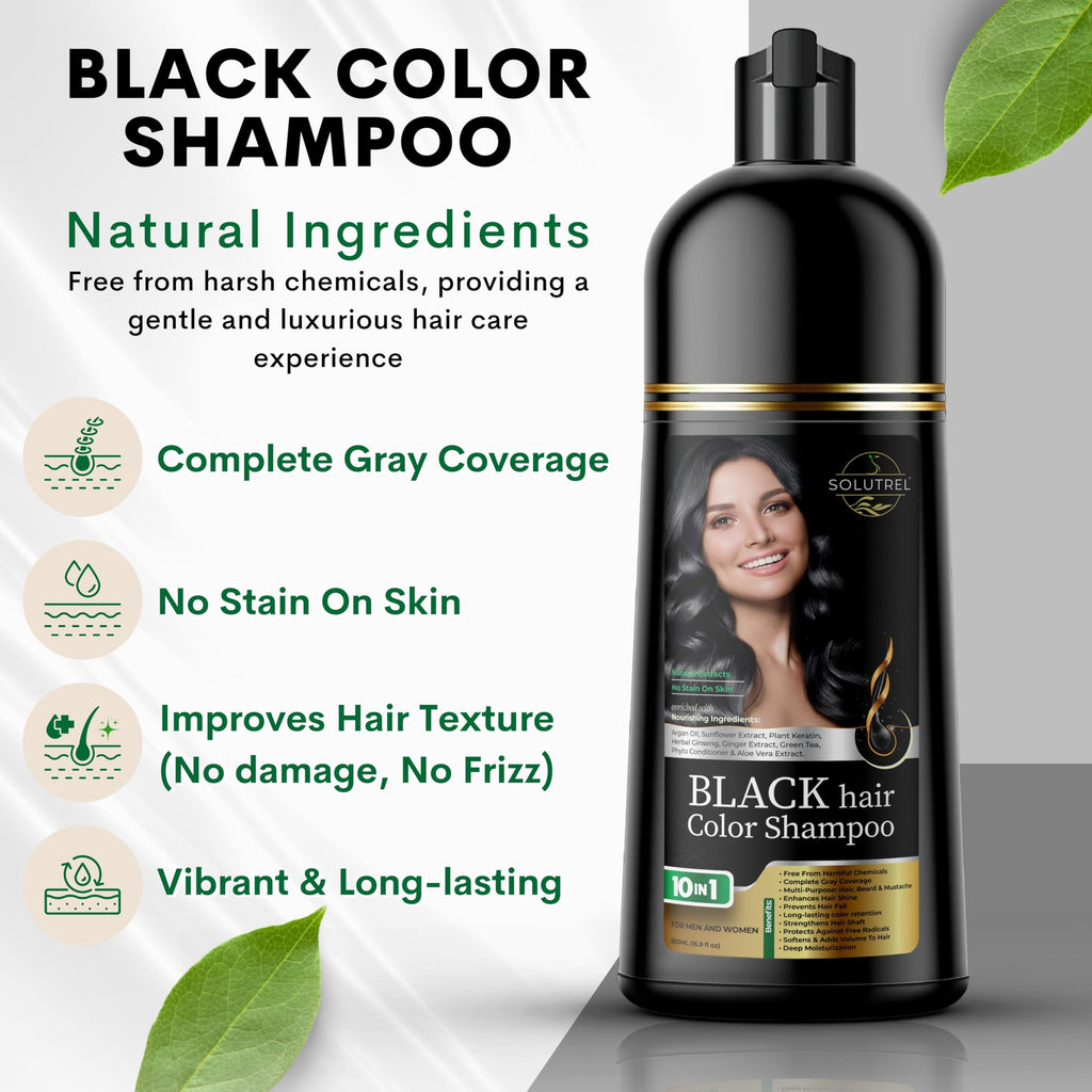 Solutrel Black Hair Dye Shampoo – Instant Gray Coverage, 10-in-1 Herbal Color (Ammonia-Free)