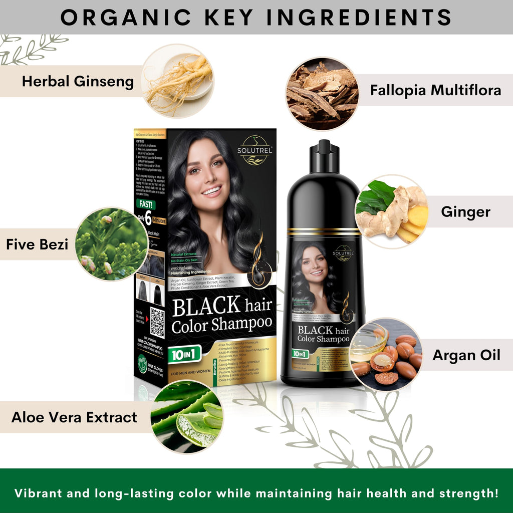 Solutrel Black Hair Dye Shampoo – Instant Gray Coverage, 10-in-1 Herbal Color (Ammonia-Free)