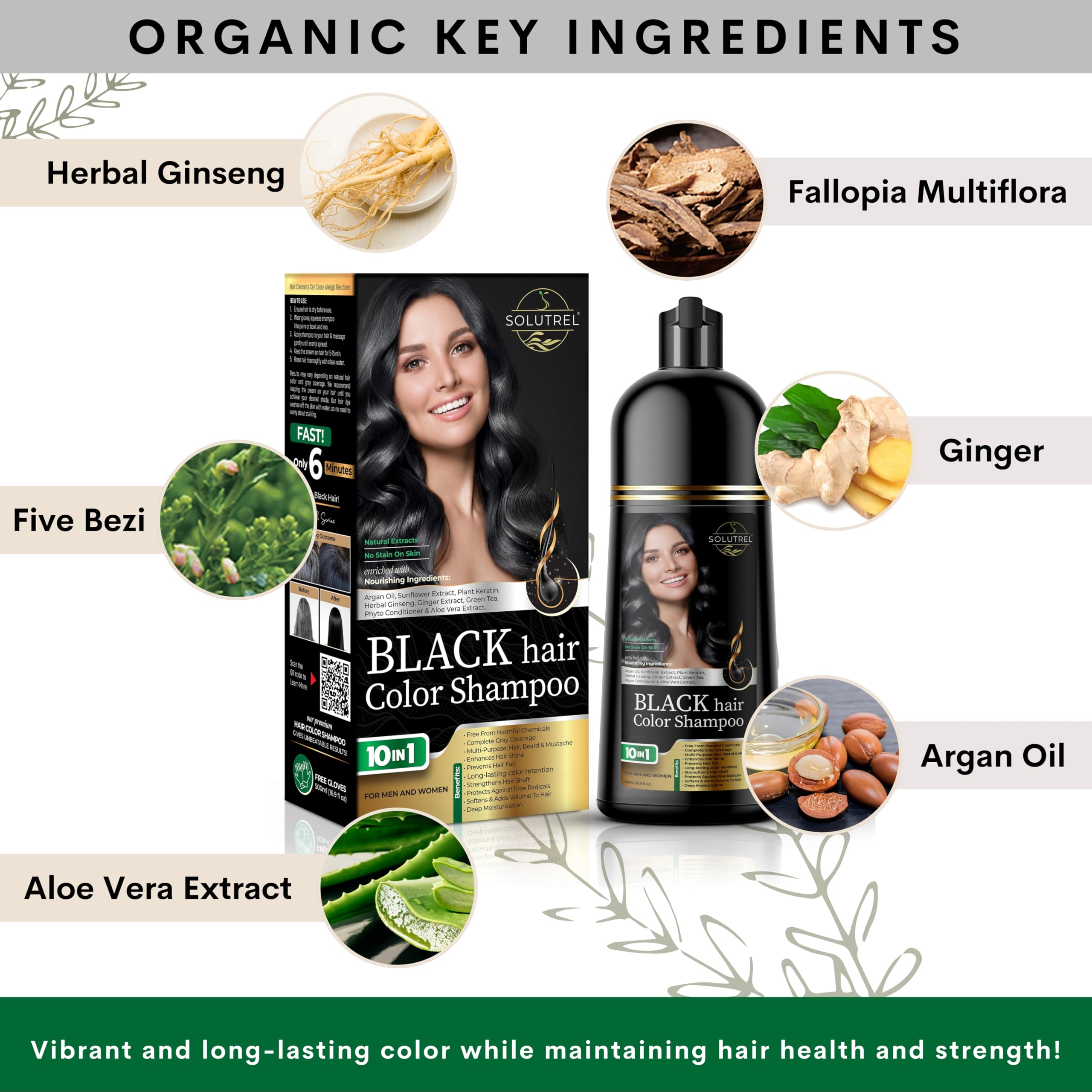 Solutrel Black Hair Dye Shampoo – Instant Gray Coverage, 10-in-1 Herbal Color (Ammonia-Free)