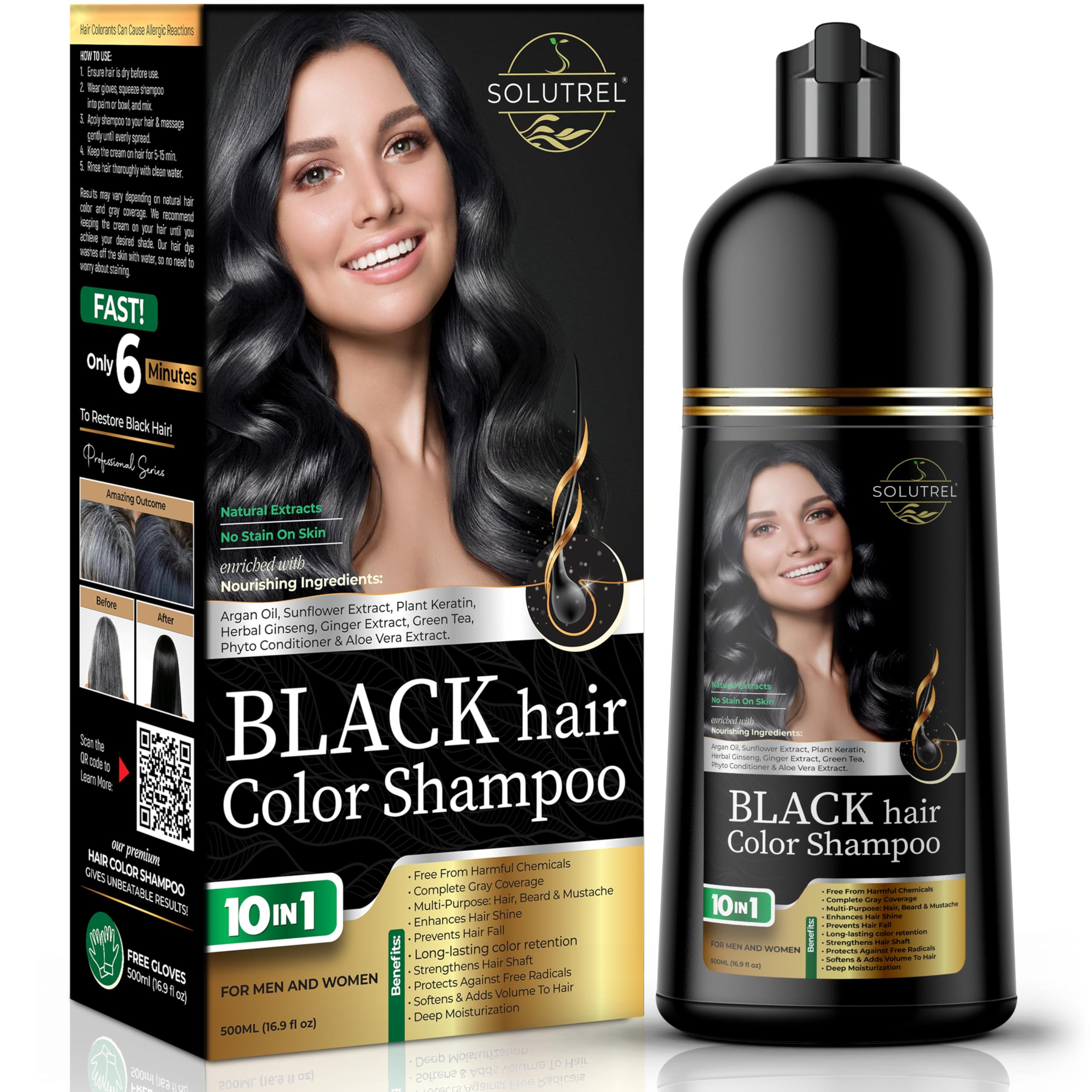 Solutrel Black Hair Dye Shampoo – Instant Gray Coverage, 10-in-1 Herbal Color (Ammonia-Free)
