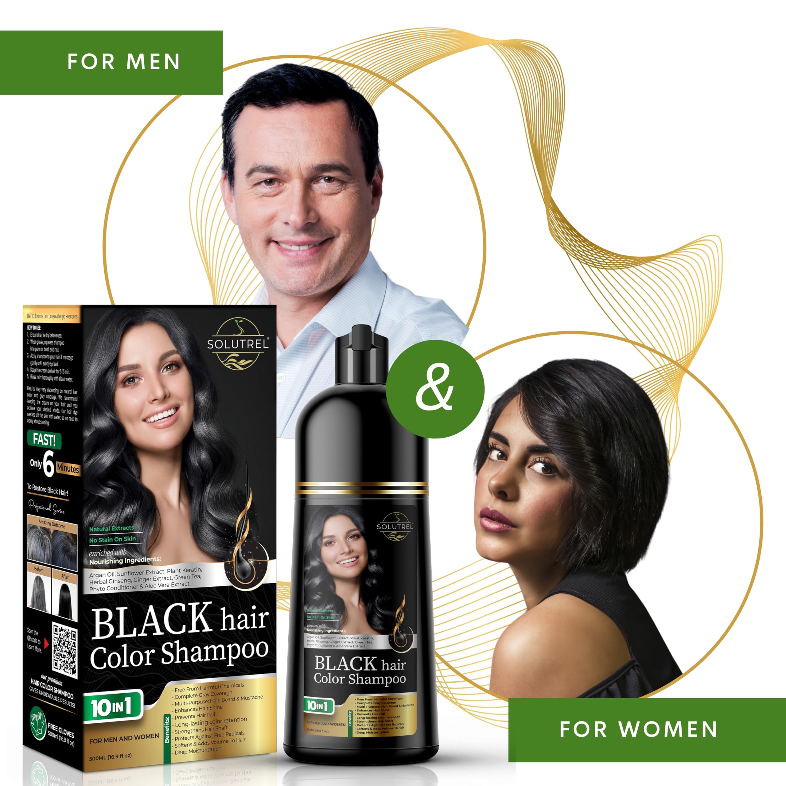 Solutrel Black Hair Dye Shampoo – Instant Gray Coverage, 10-in-1 Herbal Color (Ammonia-Free)