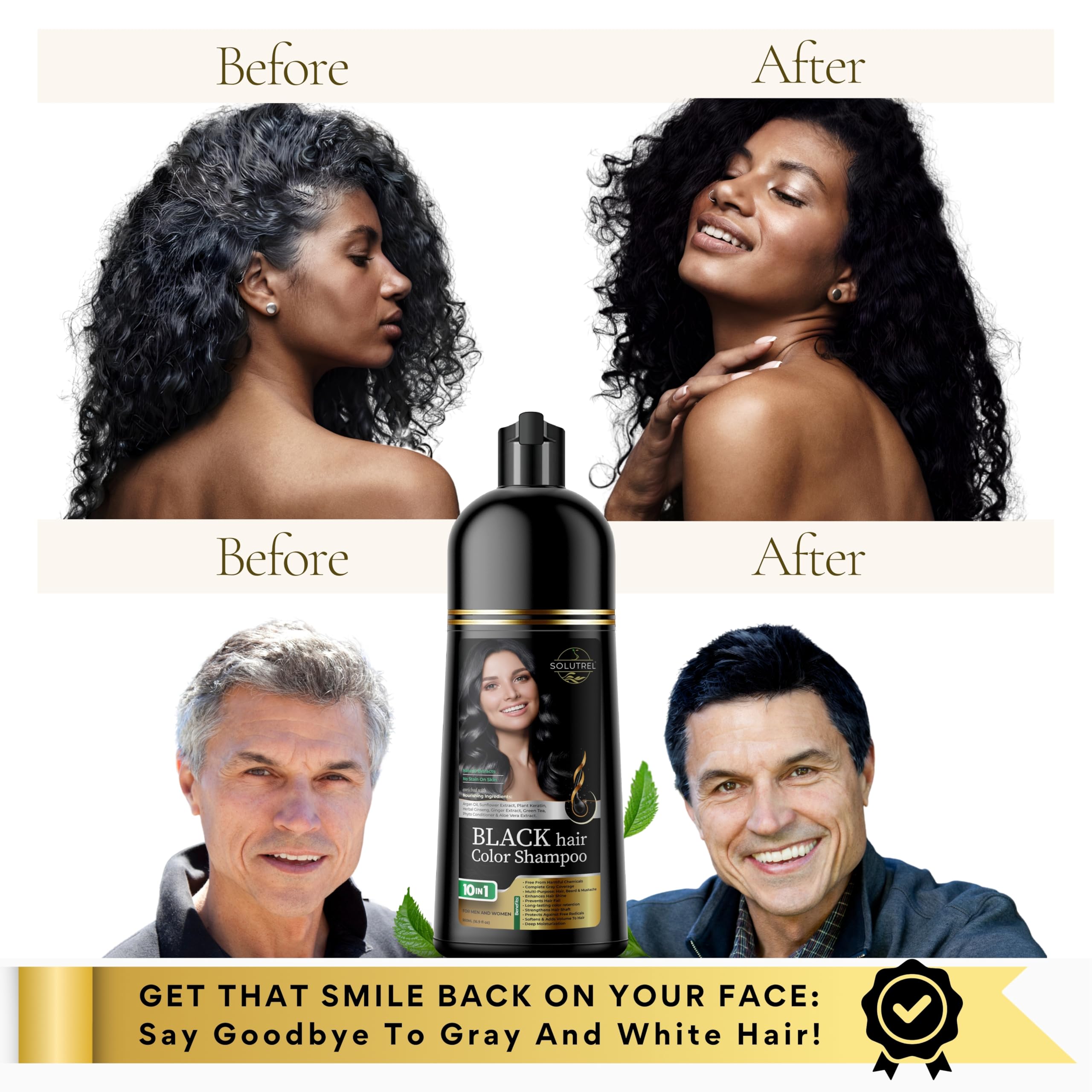 Solutrel Black Hair Dye Shampoo – Instant Gray Coverage, 10-in-1 Herbal Color (Ammonia-Free)