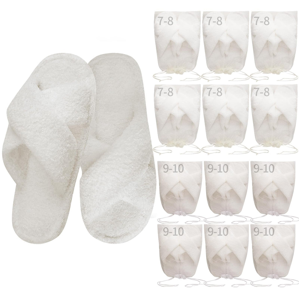 Sophproton 12 Pairs Fuzzy Slippers Bulk Pack (6x7-8, 6x9-10) – Ultra-Soft Cross Band Slippers with Non-Slip Soles
