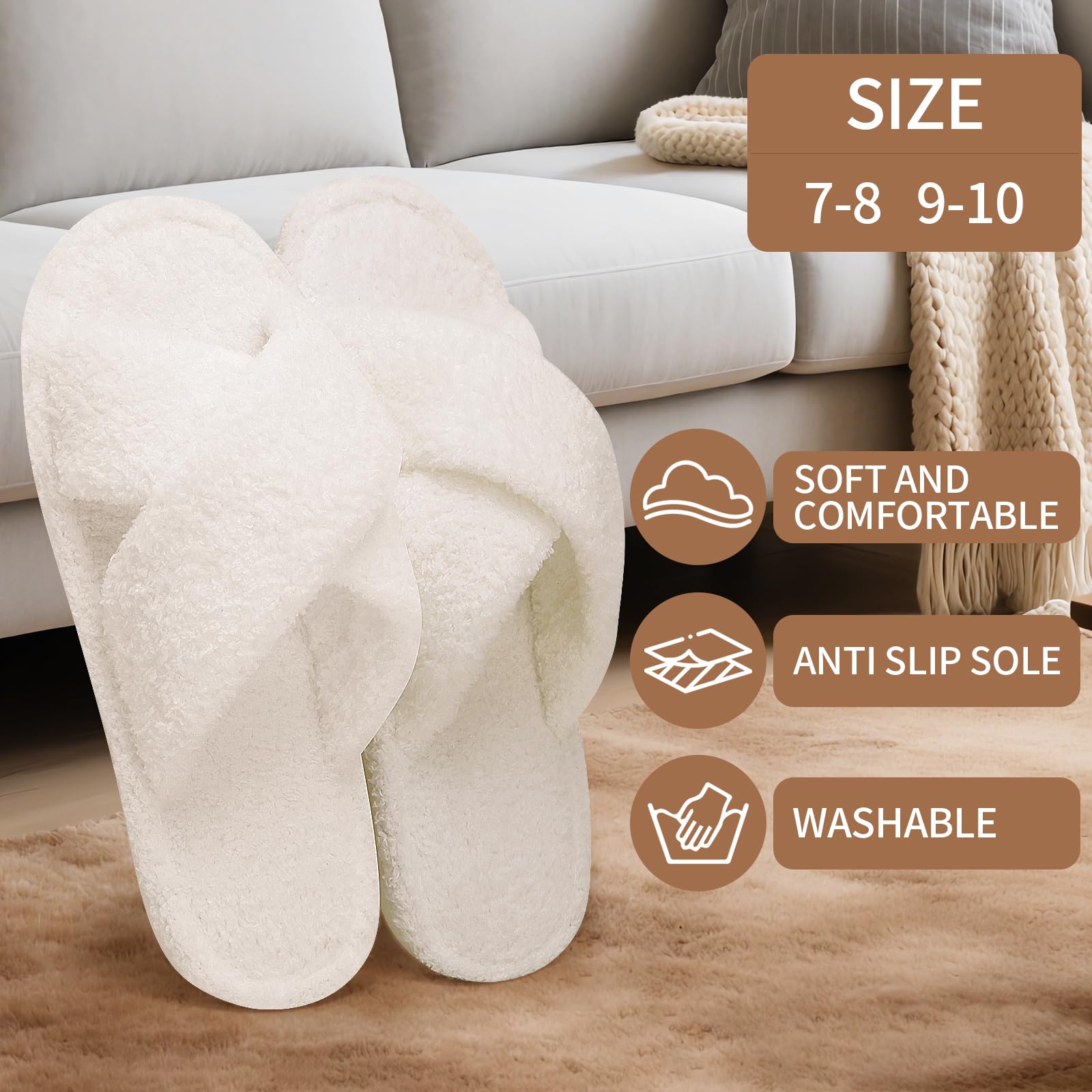 Sophproton 12 Pairs Fuzzy Slippers Bulk Pack (6x7-8, 6x9-10) – Ultra-Soft Cross Band Slippers with Non-Slip Soles
