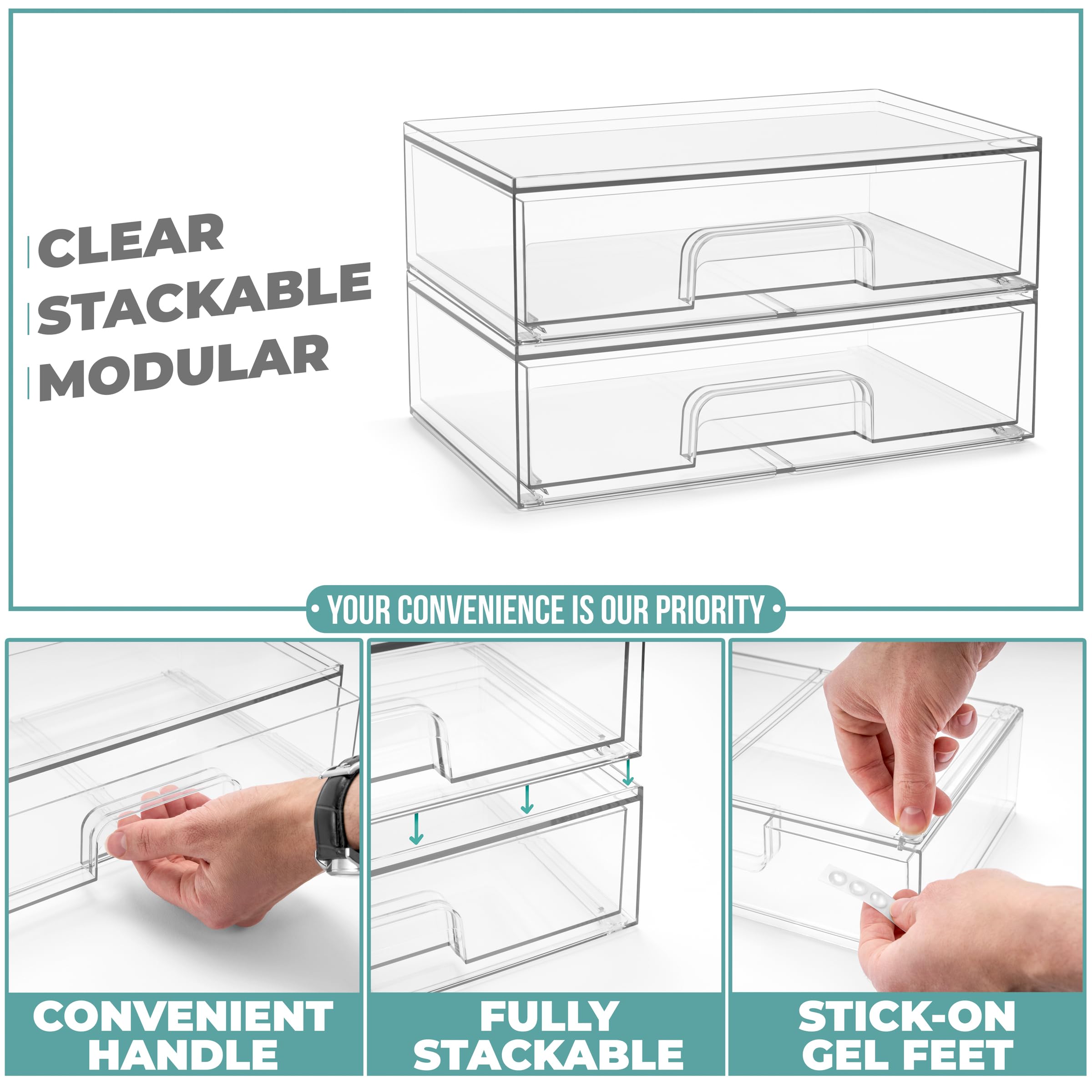 Sorbus Acrylic Storage Containers 2 Pack - Stackable Clear Bins for Bathroom Organization (12.1 Wide)