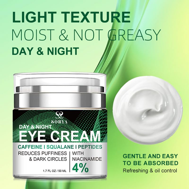 SORYA Caffeine Eye Cream for Dark Circles & Puffiness – Anti-Aging Day & Night Formula with Niacinamide & Peptides