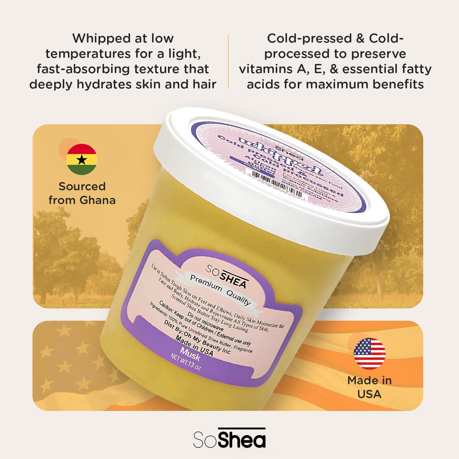 SoShea Whipped Shea Butter Musk – Deep Moisture, 100% Ghana Shea, Vegan, 11.5oz