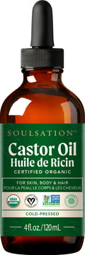 SOULSATION Organic Castor Oil 100% Pure (4oz) – Cold Pressed, Unrefined, For Hair & Skin