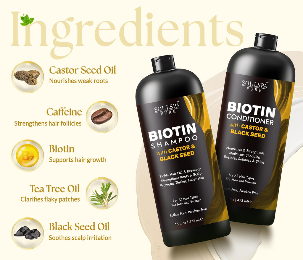 SOULSPA PURE Biotin Shampoo & Conditioner Set — Castor & Black Seed, Sulfate Free
