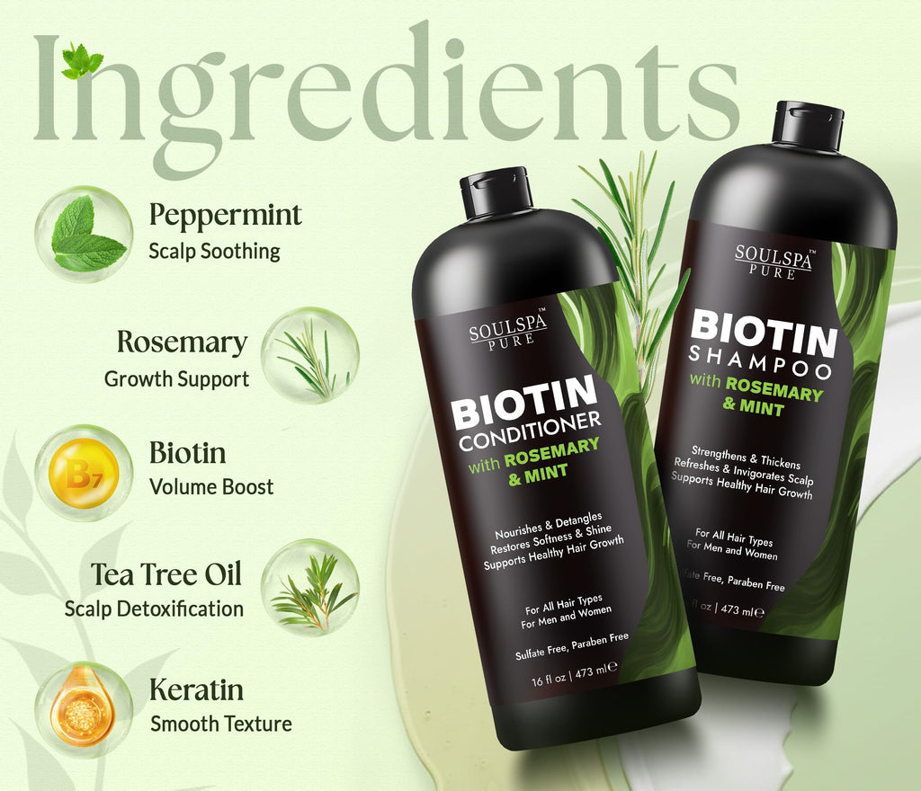 SOULSPA PURE Biotin Shampoo & Conditioner Set – 16 oz Each | Rosemary & Mint
