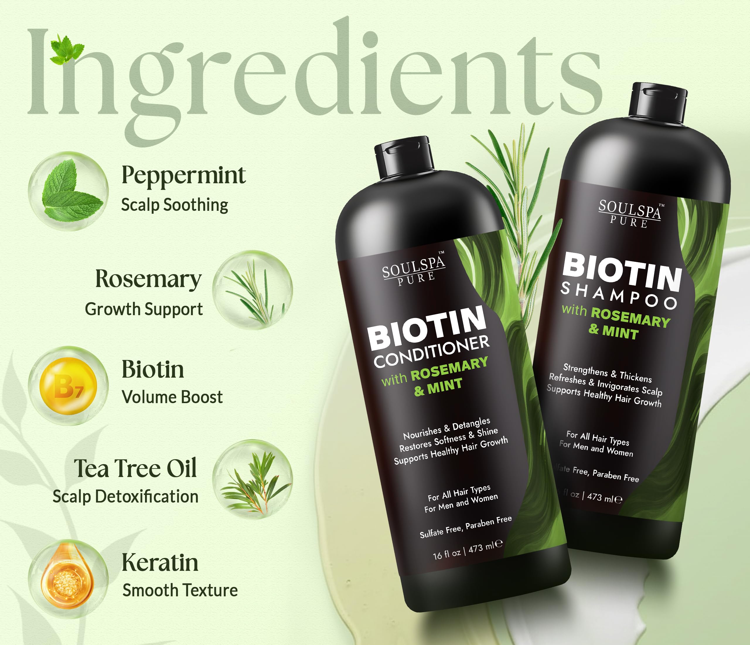SOULSPA PURE Biotin Shampoo & Conditioner Set – 16 oz Each | Rosemary & Mint