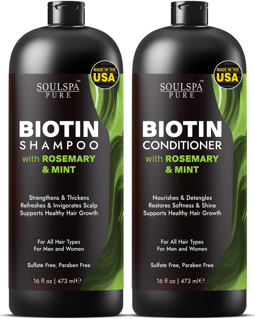 SOULSPA PURE Biotin Shampoo & Conditioner Set – 16 oz Each | Rosemary & Mint