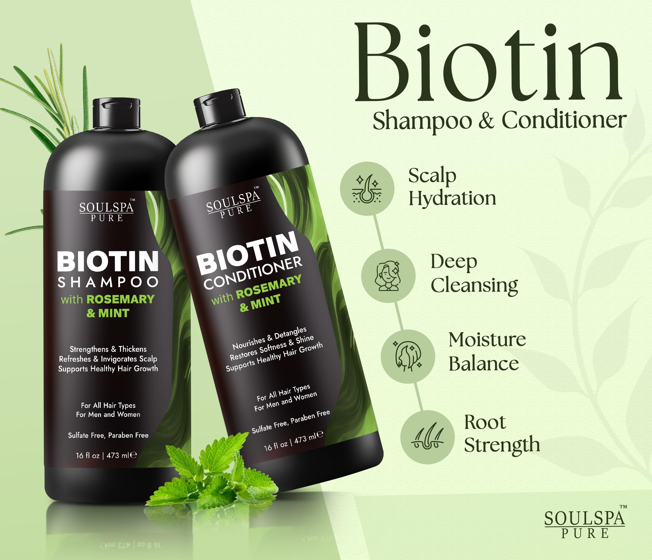 SOULSPA PURE Biotin Shampoo & Conditioner Set – 16 oz Each | Rosemary & Mint