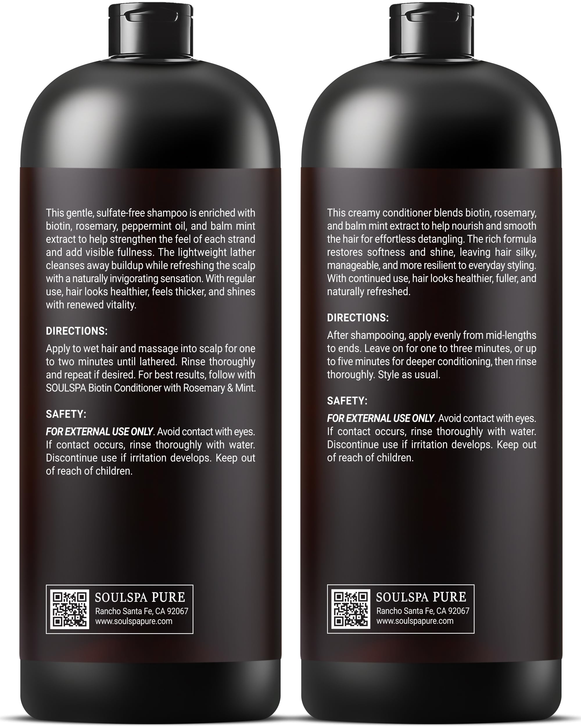 SOULSPA PURE Biotin Shampoo & Conditioner Set – 16 oz Each | Rosemary & Mint