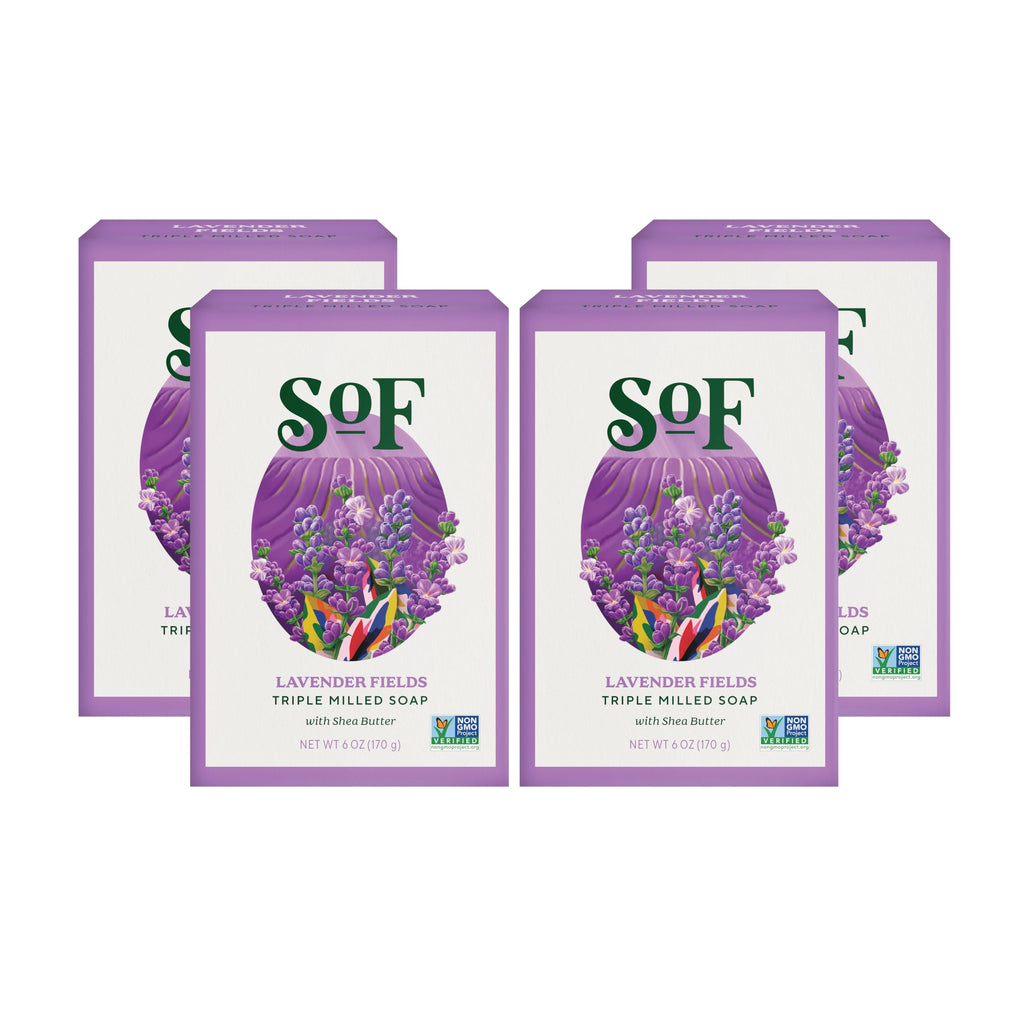 South Of France Lavender Fields Triple Milled Bar Soap - 4 x 6 oz Bars | Coconut Oil & Organic Shea Butter | Vegan & Non-GMO