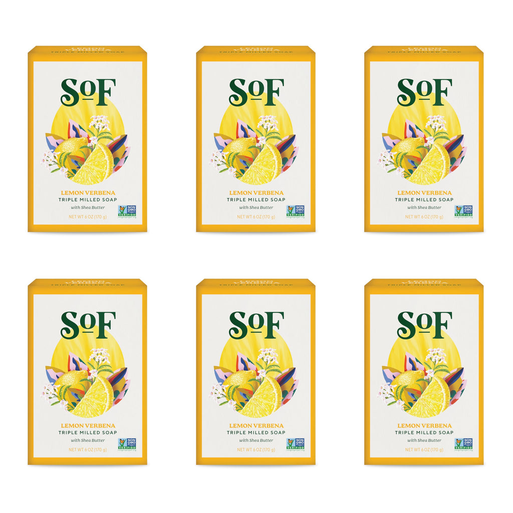 South Of France SoF Lemon Verbena Triple Milled Bar Soap – Coconut Oil & Organic Shea Butter – Vegan & Non-GMO – 6 Bars (6 oz Each)