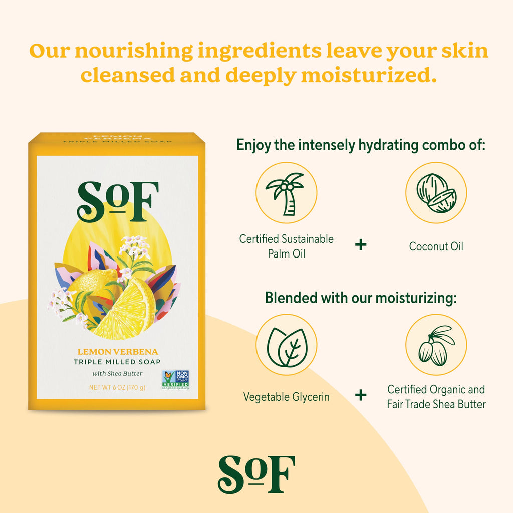 South Of France SoF Lemon Verbena Triple Milled Bar Soap – Coconut Oil & Organic Shea Butter – Vegan & Non-GMO – 6 Bars (6 oz Each)