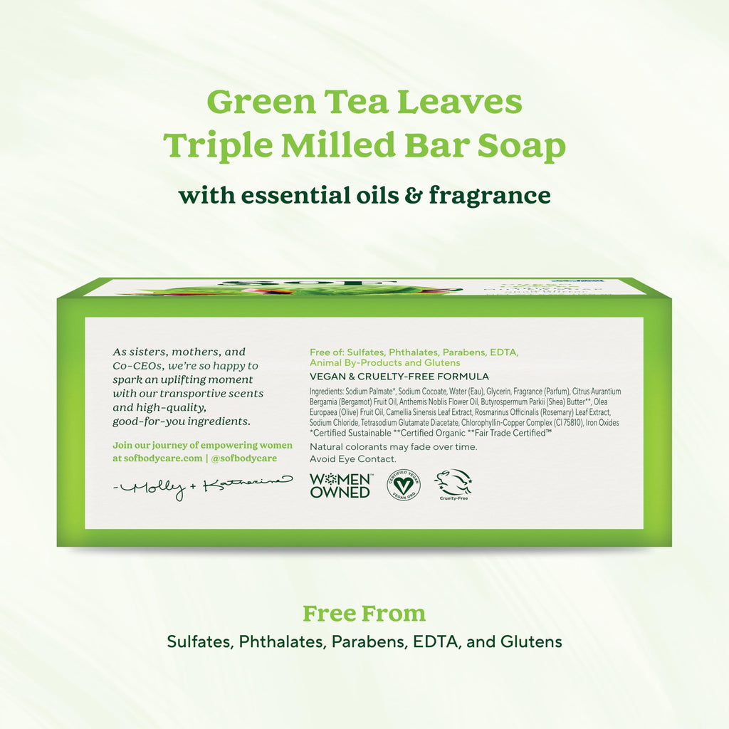 SoF Triple Milled Bar Soap – Coconut Oil & Organic Shea Butter | Vegan & Non-GMO | Green Tea Leaves, 6 oz Bar (Set of 6)