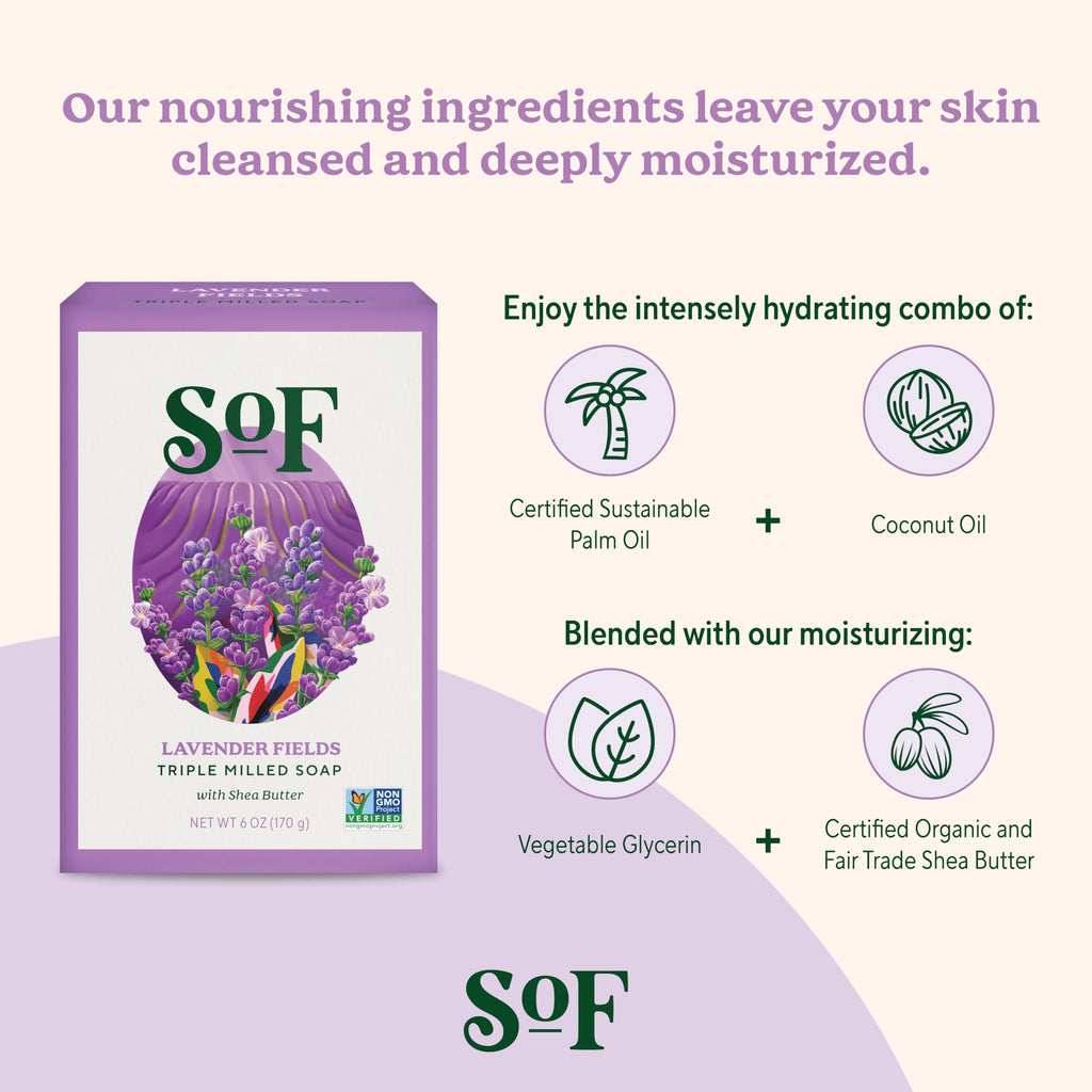South Of France SoF Lavender Fields Triple-Milled Bar Soap – Coconut Oil & Organic Shea Butter, Vegan & Non-GMO | 6 oz Bar (Set of 6)