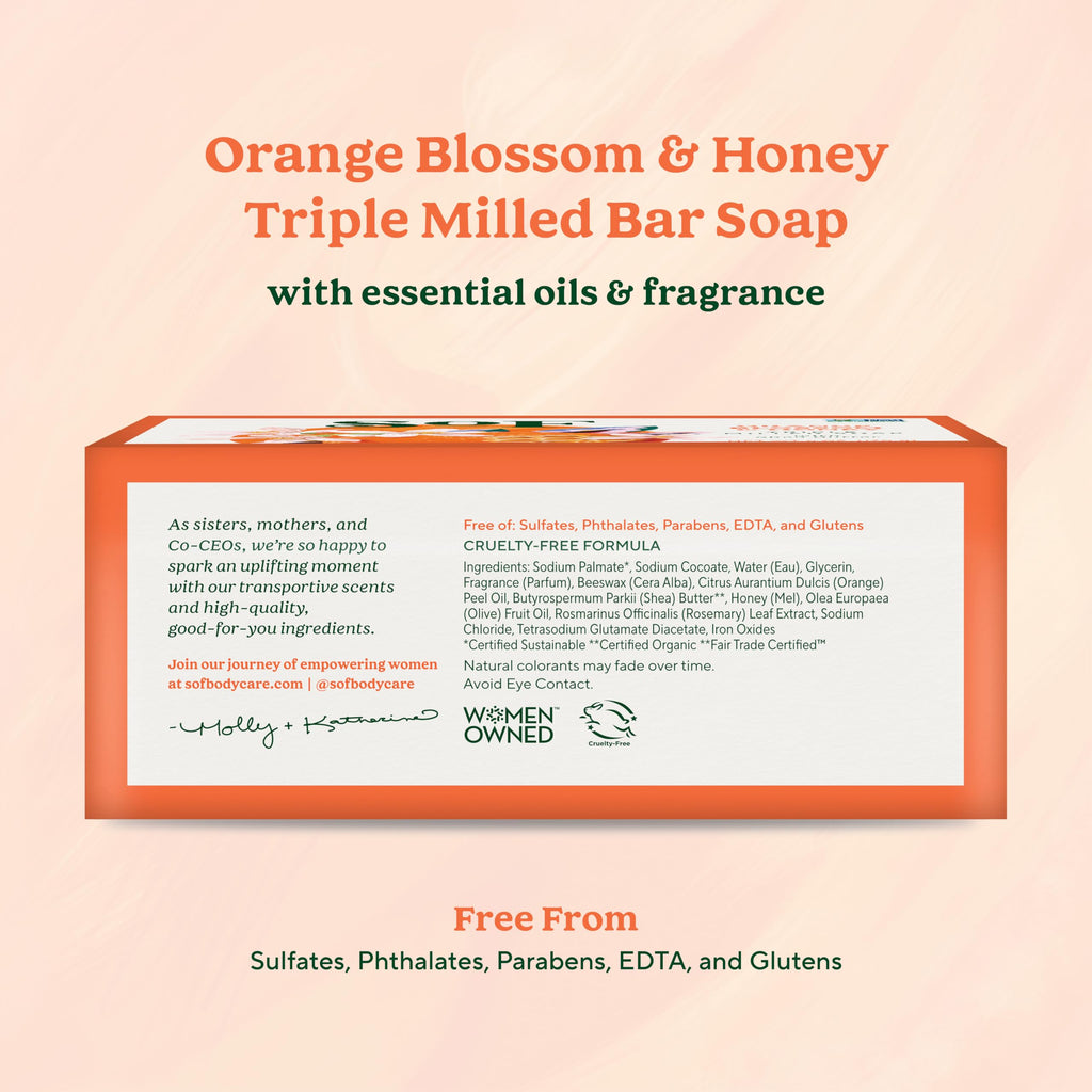South Of France SoF Triple Milled Bar Soap – Orange Blossom & Honey, Coconut Oil & Shea Butter – Vegan & Non-GMO – 4 Bars