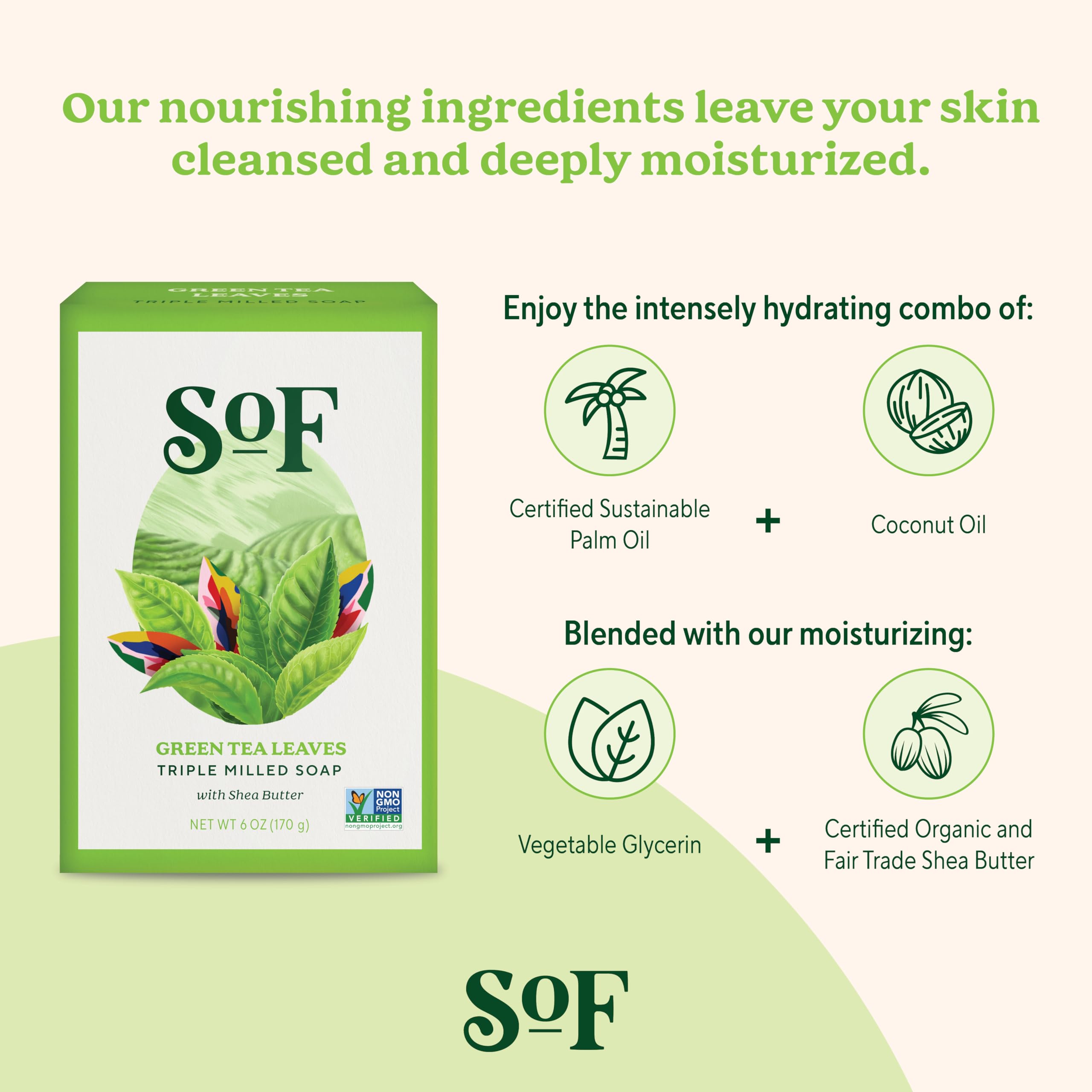 SoF Triple Milled Bar Soap – Coconut Oil & Organic Shea Butter | Vegan & Non-GMO | Green Tea Leaves, 6 oz Bar (Set of 6)