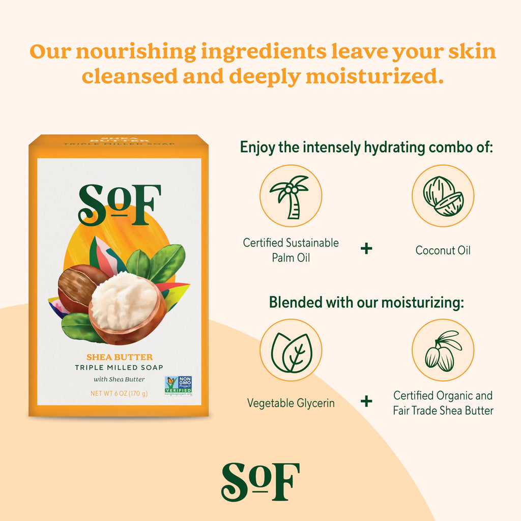 SoF Triple Milled Bar Soap - Coconut Oil & Shea Butter | Vegan & Non-GMO | 6 x 6 oz