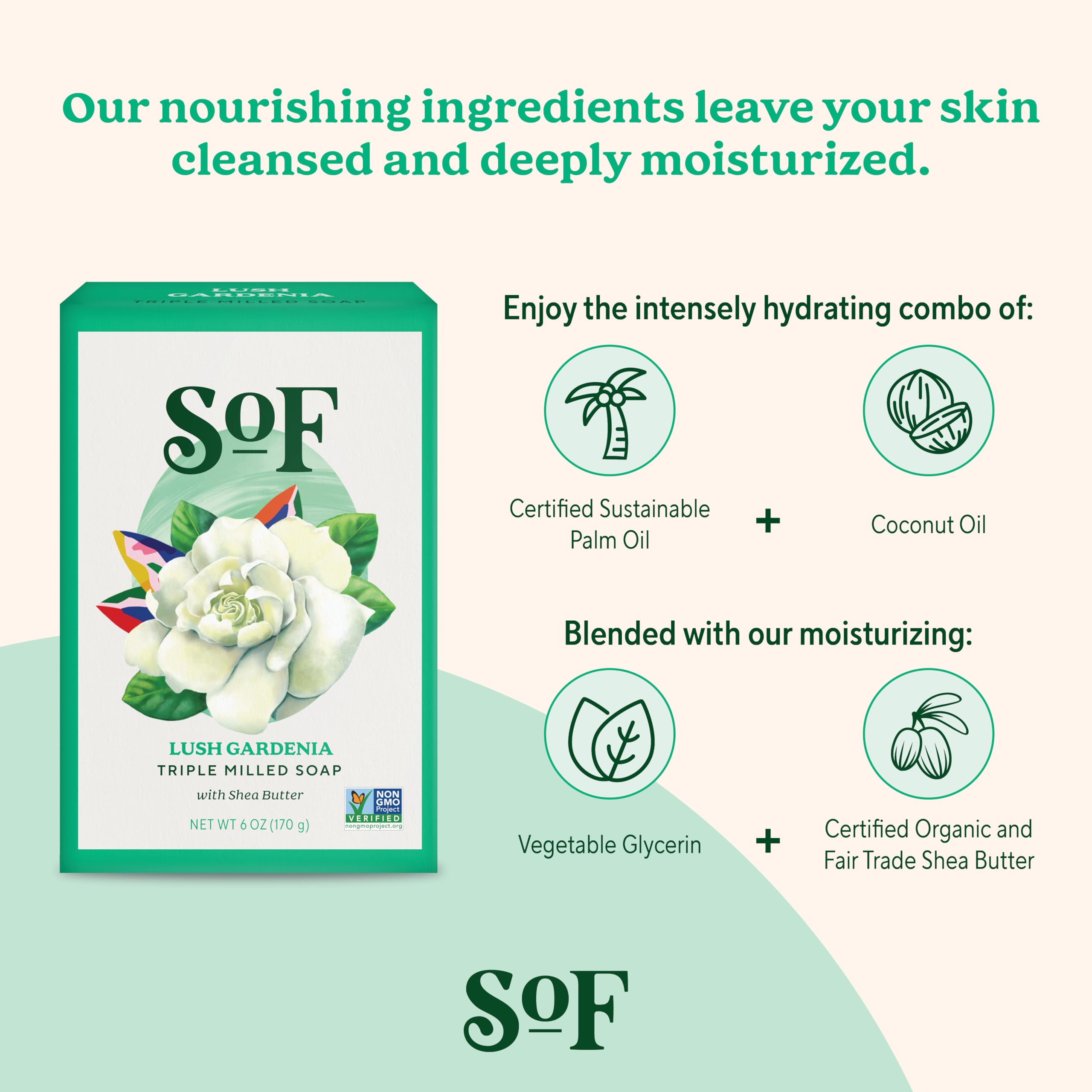 South Of France SoF Gardenia Triple Milled Bar Soap – Coconut Oil & Shea Butter | Vegan & Non-GMO | 6 Bars