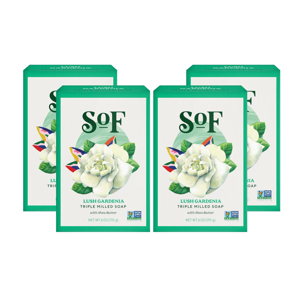 South Of France SoF Triple-Milled Gardenia Bar Soap – Coconut Oil & Organic Shea Butter, Vegan & Non-GMO, 4 x 6 oz