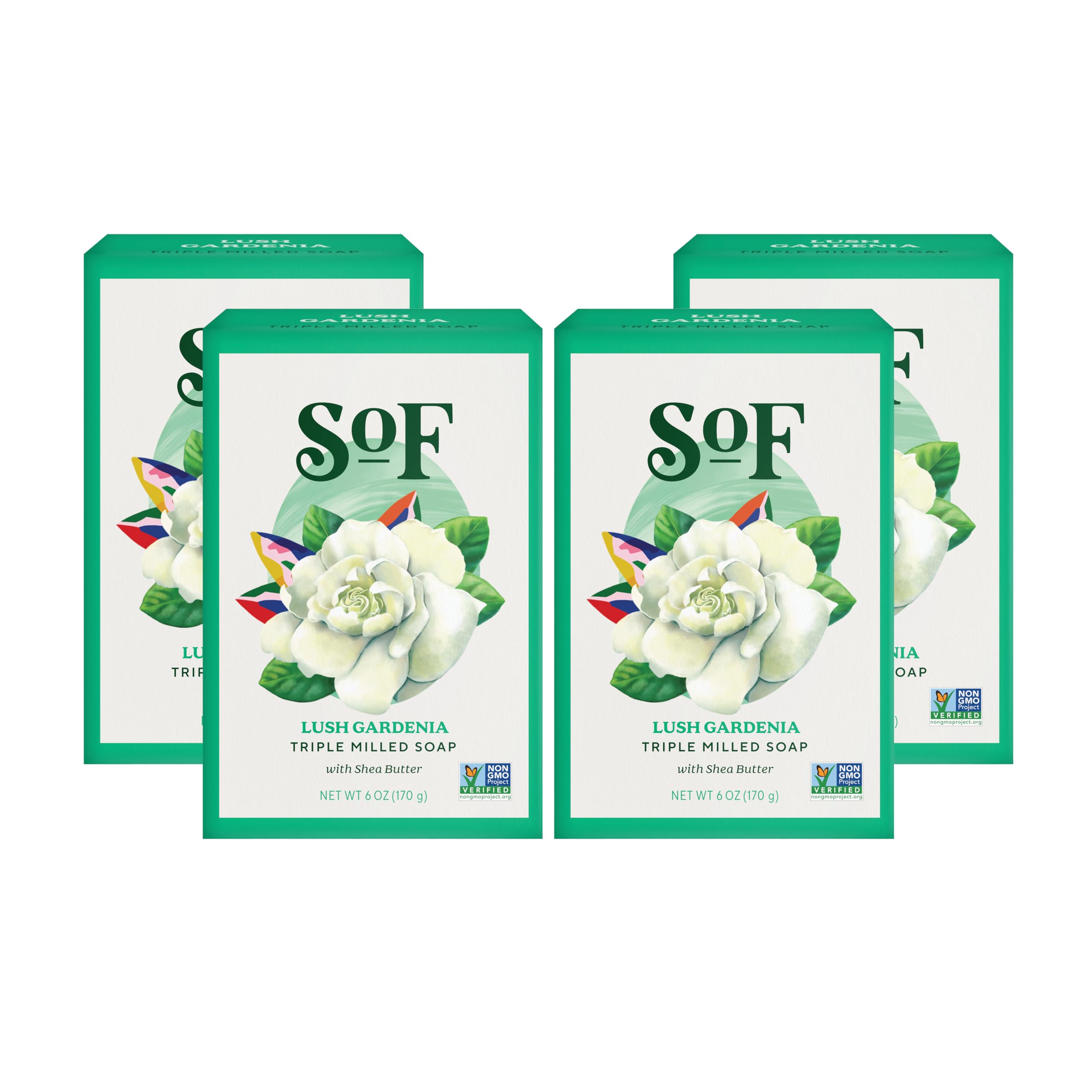 South Of France SoF Triple-Milled Gardenia Bar Soap – Coconut Oil & Organic Shea Butter, Vegan & Non-GMO, 4 x 6 oz