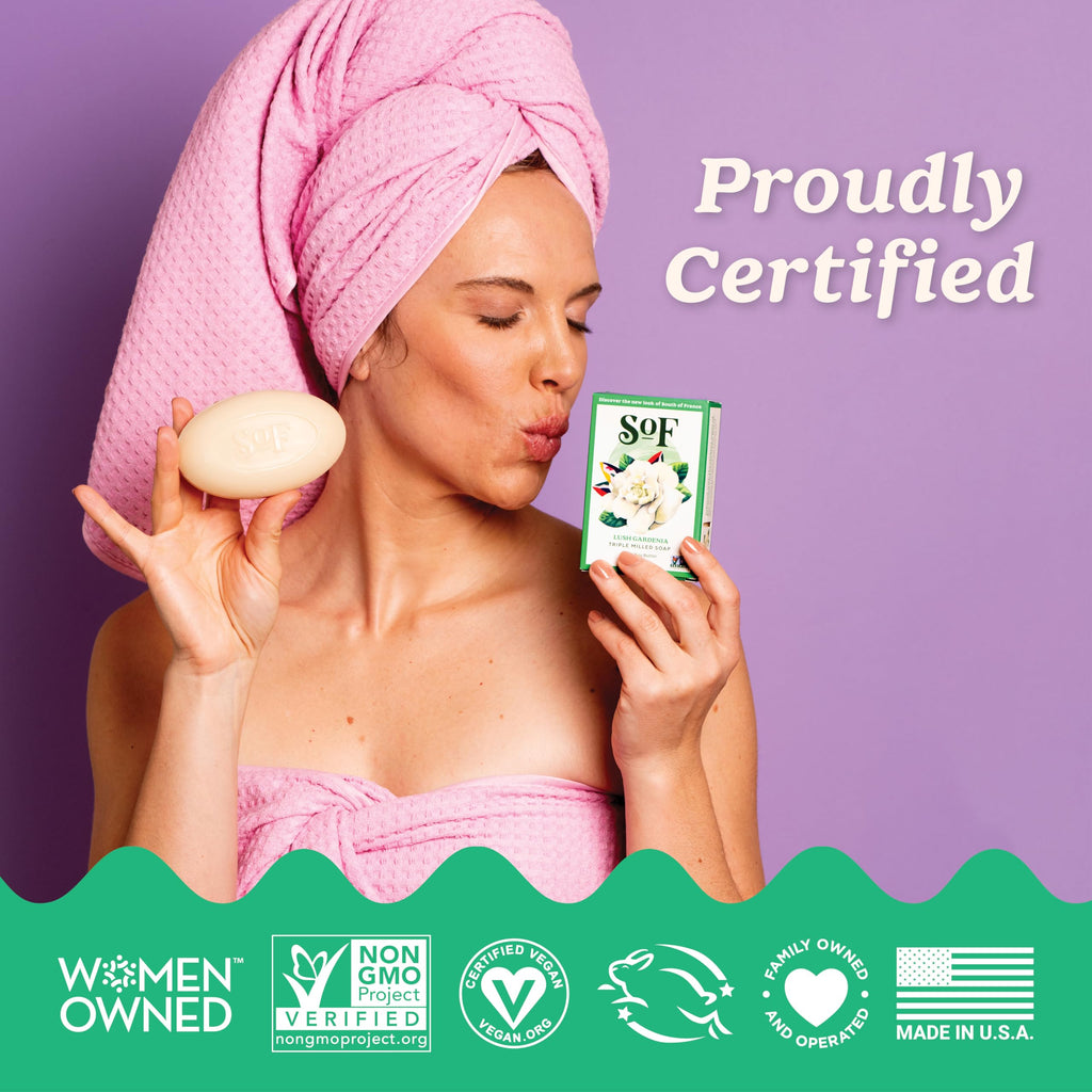 South Of France SoF Triple-Milled Gardenia Bar Soap – Coconut Oil & Organic Shea Butter, Vegan & Non-GMO, 4 x 6 oz
