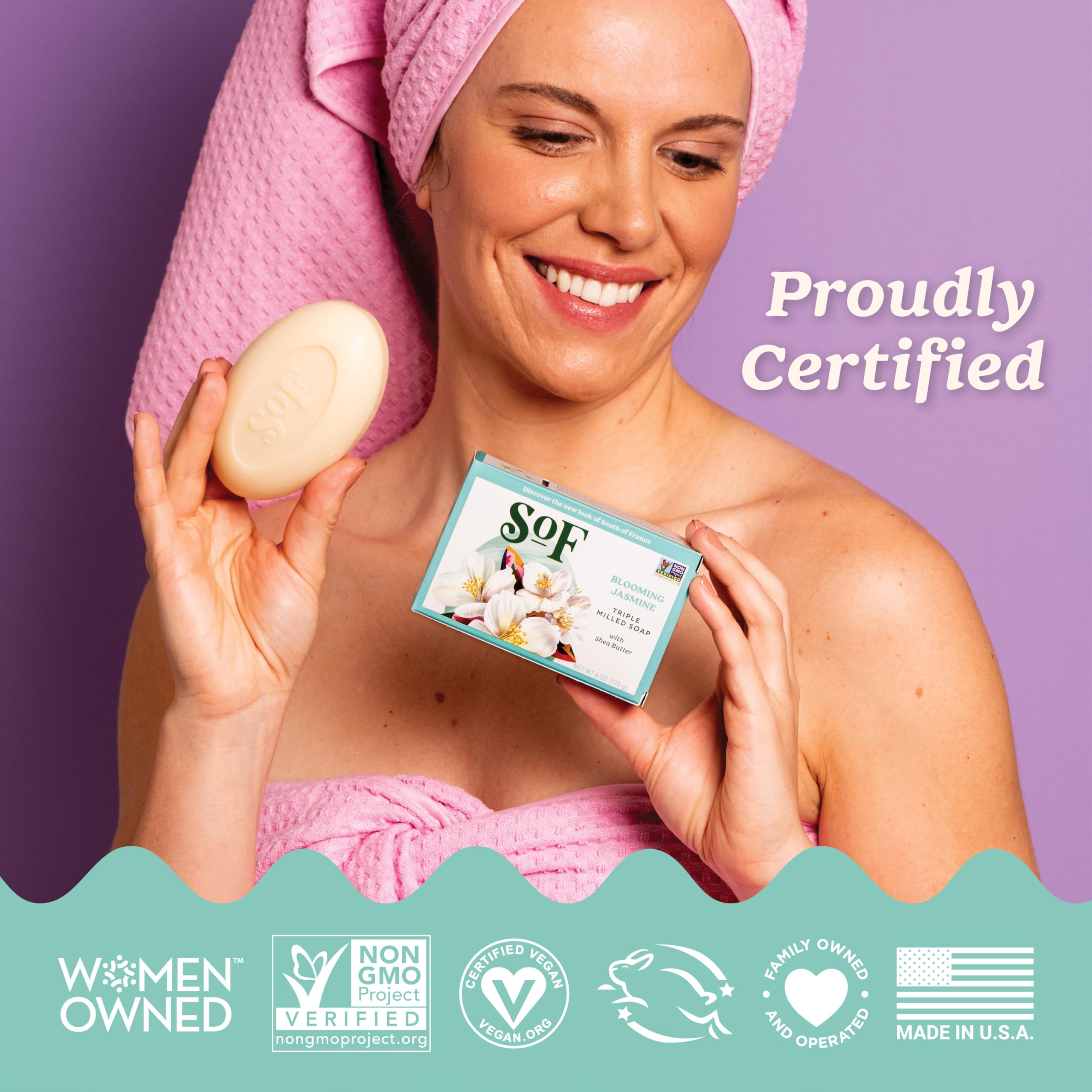 South Of France SoF Blooming Jasmine Triple Milled Bar Soap – Coconut Oil & Organic Shea Butter – Vegan & Non-GMO – 4 x 6 oz Bars