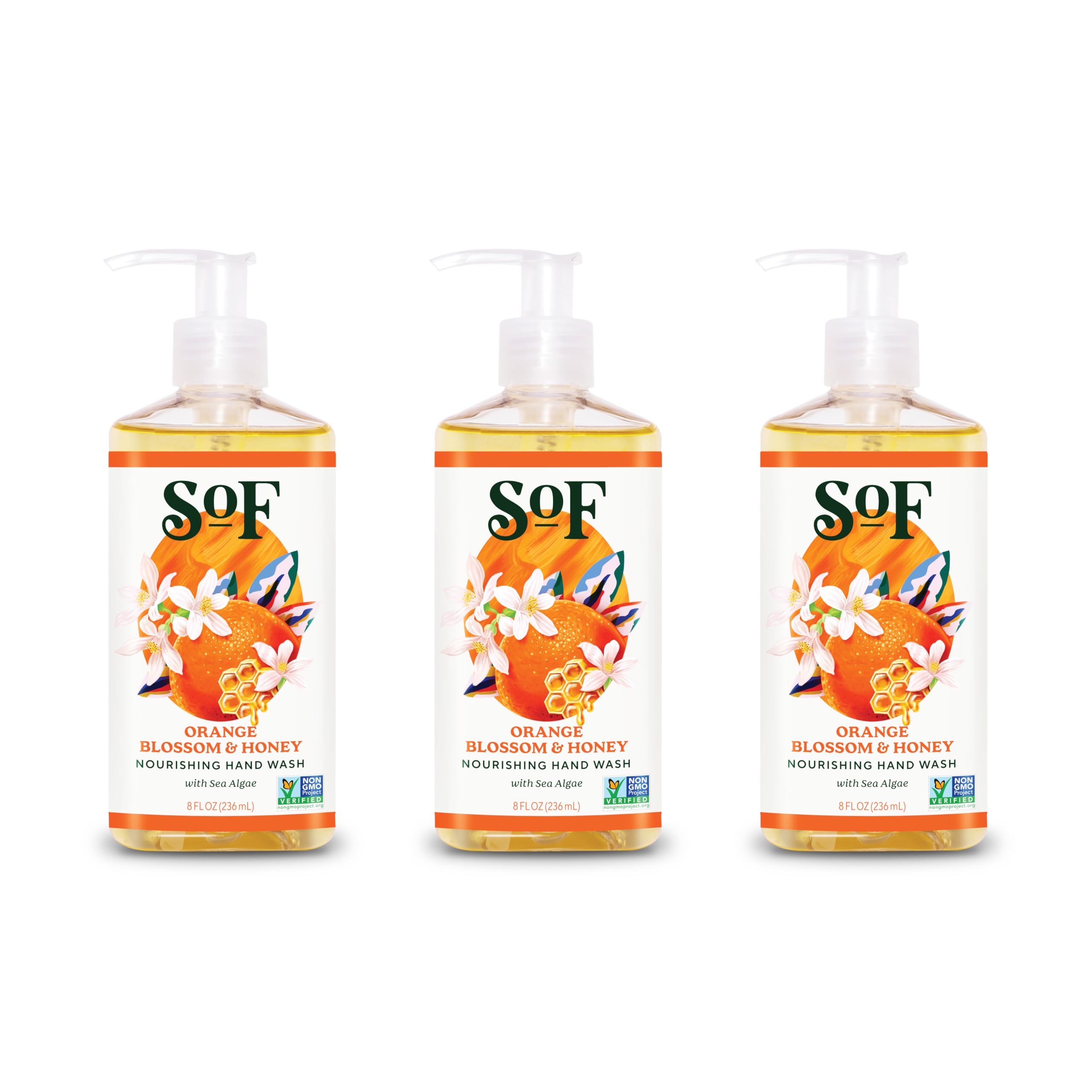 South Of France SoF Nourishing Hand Wash – Orange Blossom & Honey, 3 x 8 oz, Vegan & Non-GMO