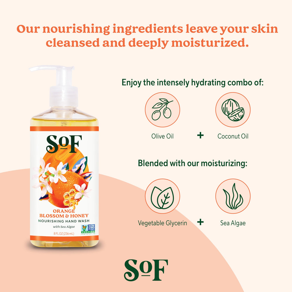 South Of France SoF Nourishing Hand Wash – Orange Blossom & Honey, 3 x 8 oz, Vegan & Non-GMO