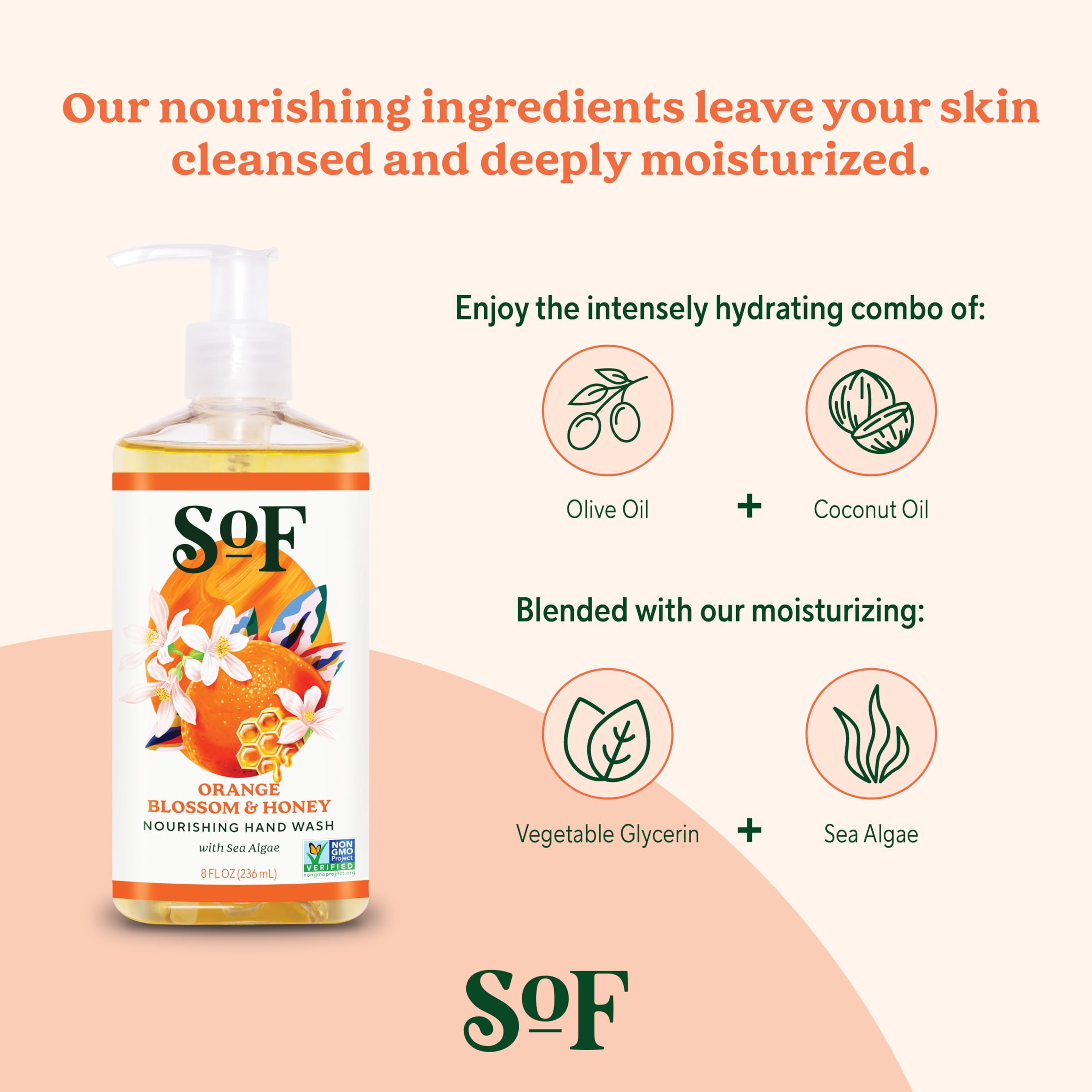 South Of France SoF Nourishing Hand Wash – Orange Blossom & Honey, 3 x 8 oz, Vegan & Non-GMO