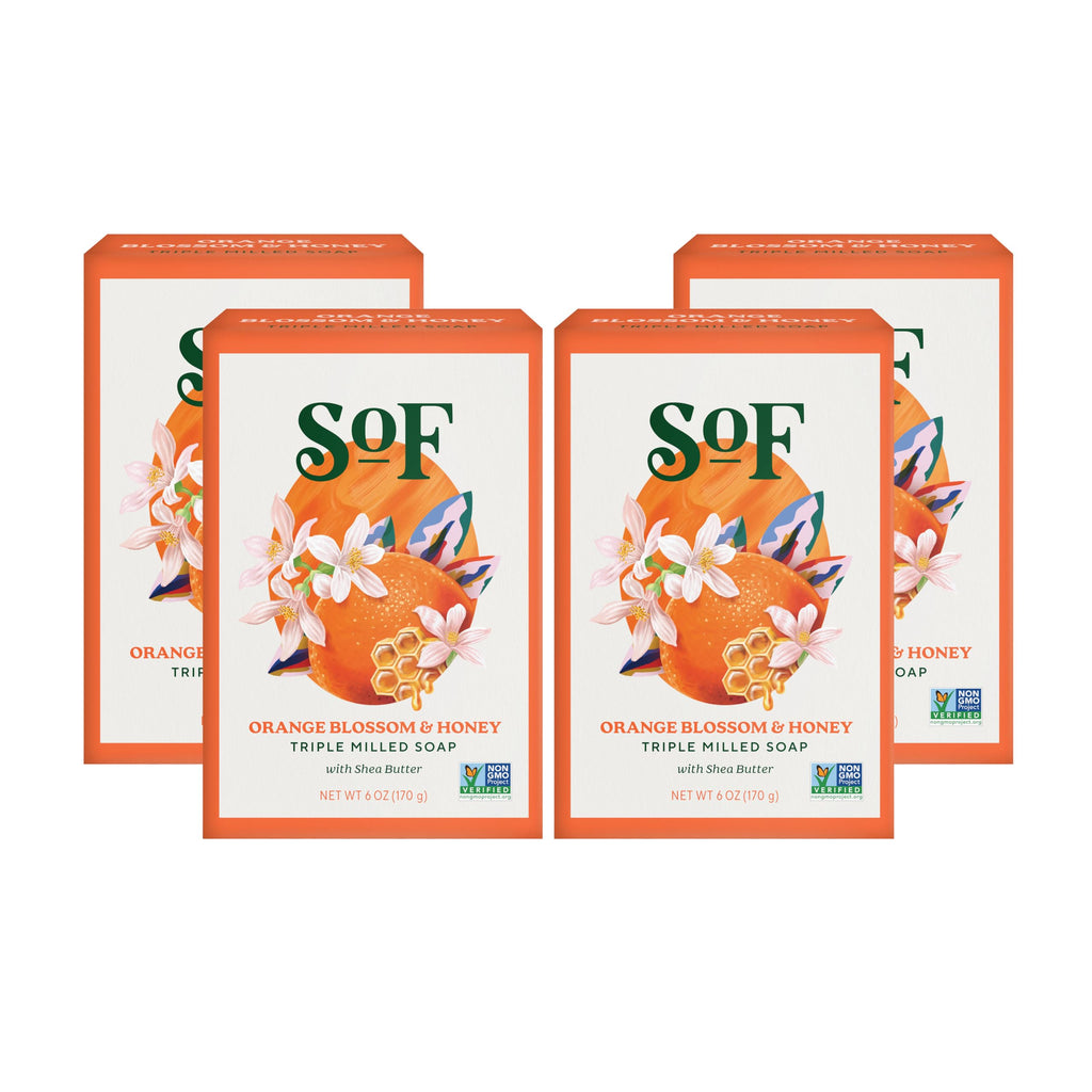 South Of France SoF Triple Milled Bar Soap – Orange Blossom & Honey, Coconut Oil & Shea Butter – Vegan & Non-GMO – 4 Bars