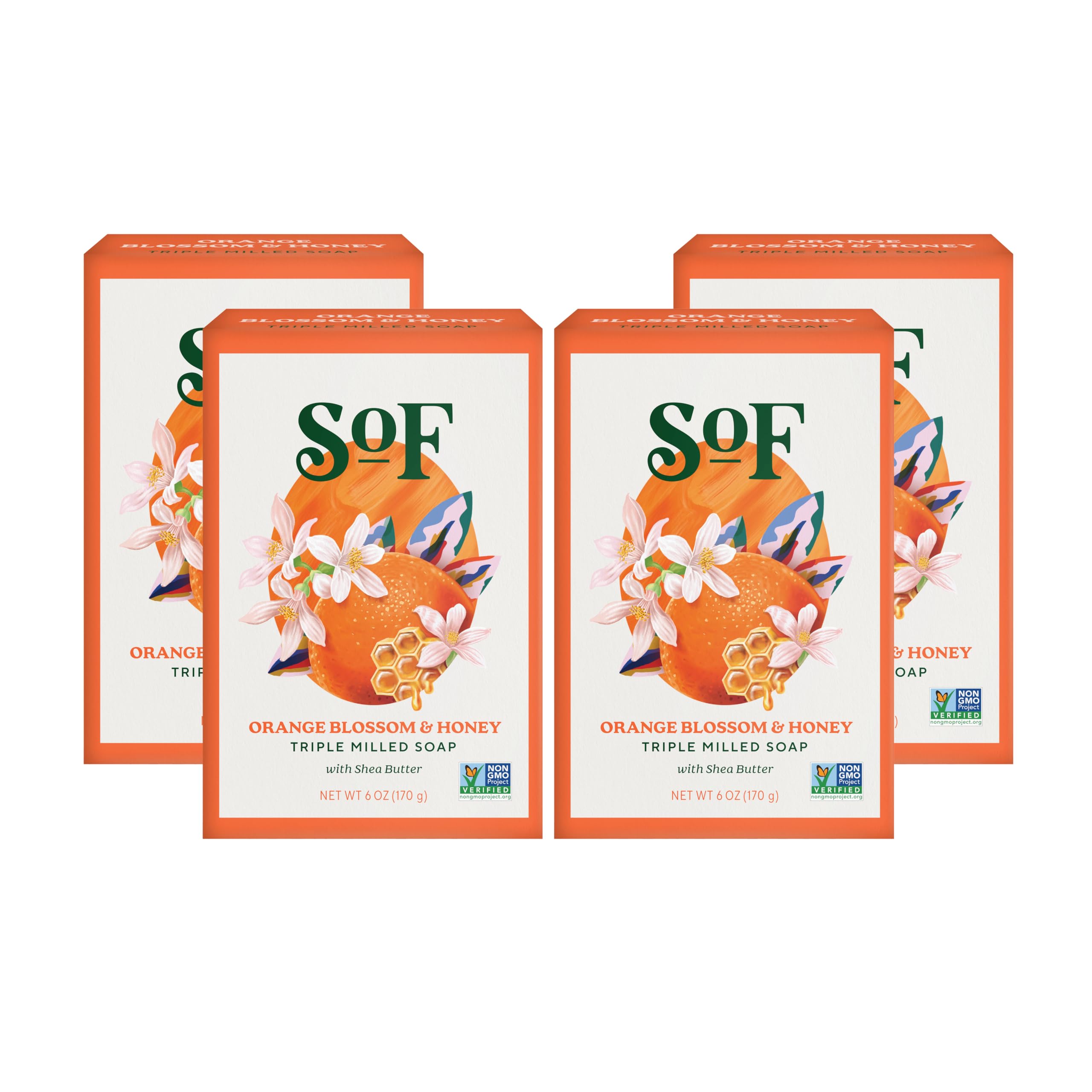 South Of France SoF Triple Milled Bar Soap – Orange Blossom & Honey, Coconut Oil & Shea Butter – Vegan & Non-GMO – 4 Bars