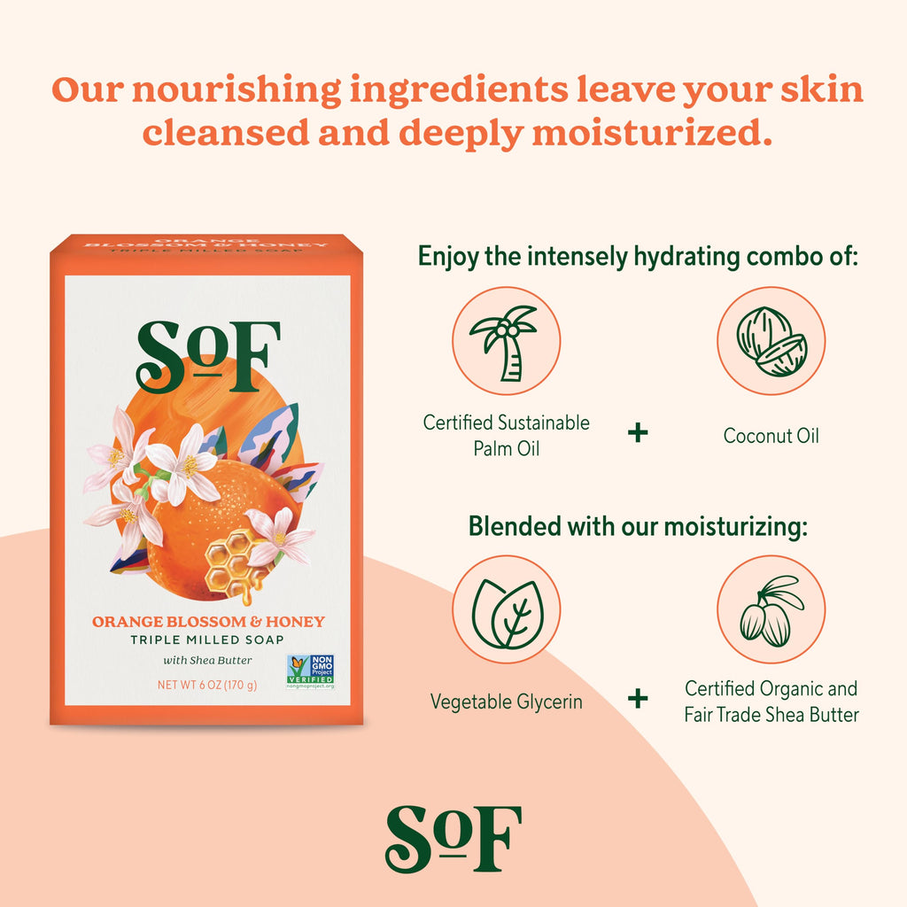 South Of France SoF Triple Milled Bar Soap – Orange Blossom & Honey, Coconut Oil & Shea Butter – Vegan & Non-GMO – 4 Bars