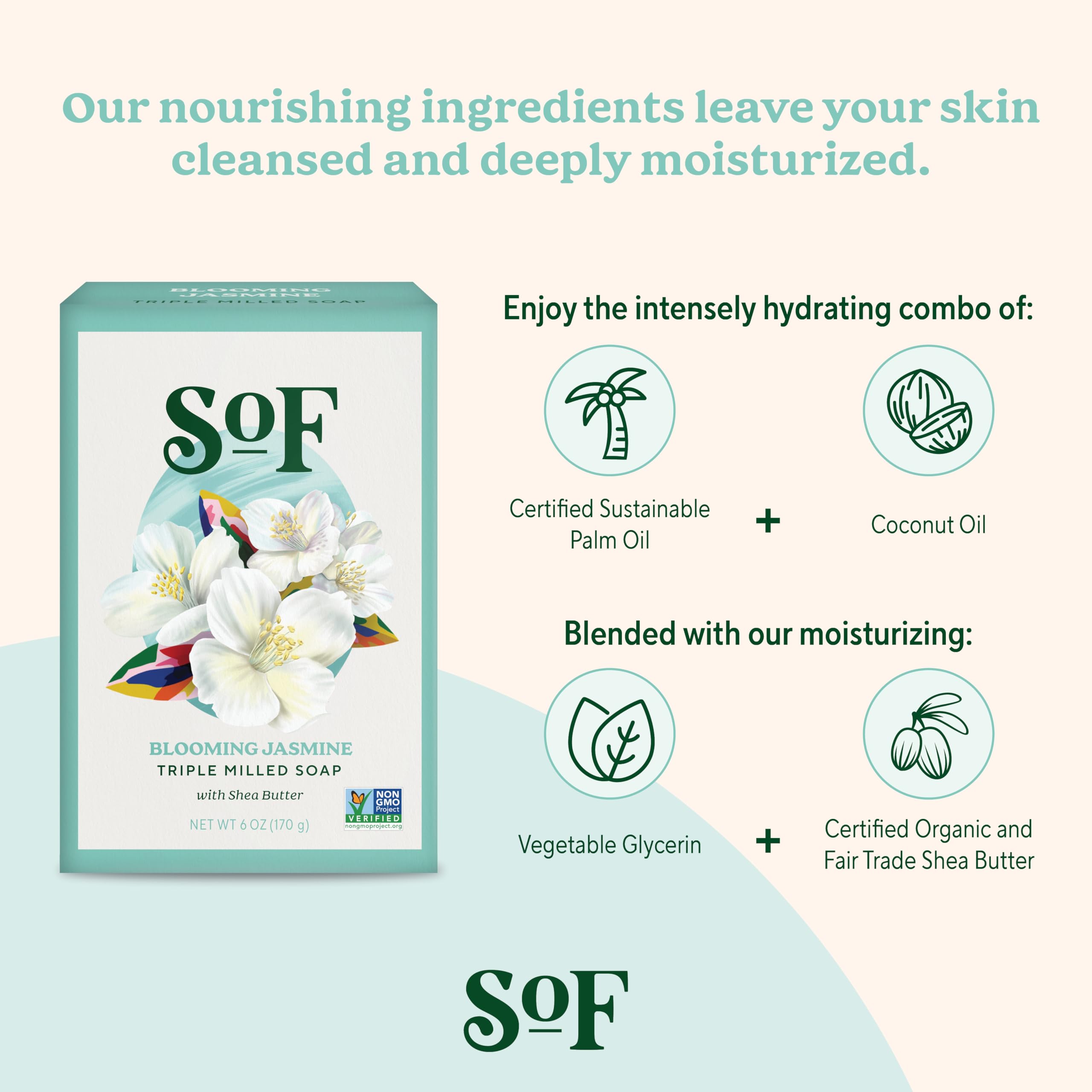 South Of France SoF Blooming Jasmine Triple Milled Bar Soap – Coconut Oil & Organic Shea Butter – Vegan & Non-GMO – 4 x 6 oz Bars