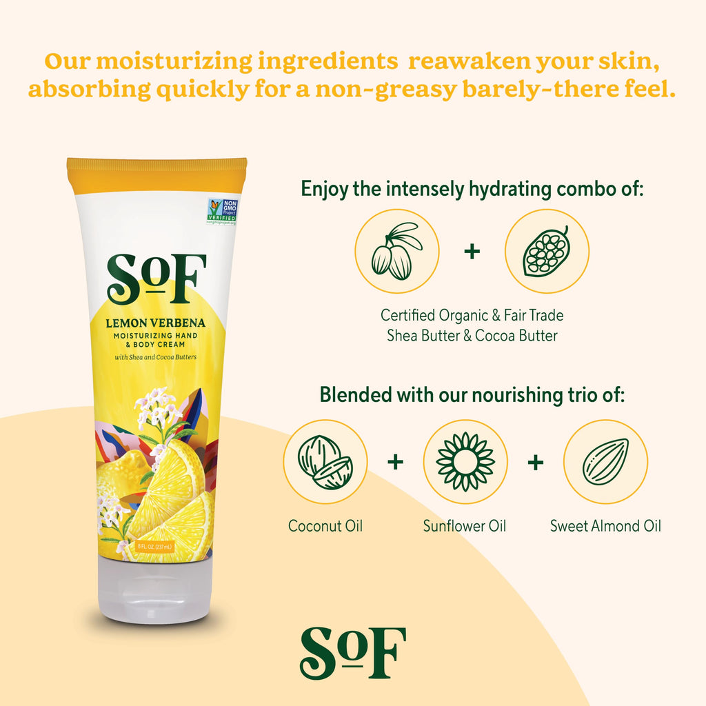South Of France SoF Moisturizing Hand & Body Cream – Lemon Verbena, Organic Shea & Cocoa Butter, 8 oz | Vegan & Non-GMO