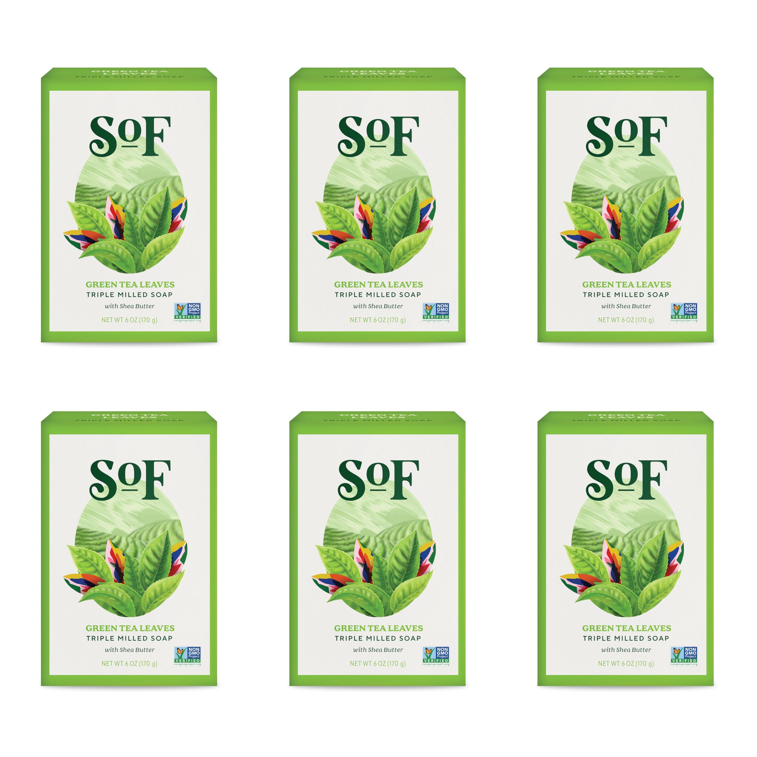 SoF Triple Milled Bar Soap – Coconut Oil & Organic Shea Butter | Vegan & Non-GMO | Green Tea Leaves, 6 oz Bar (Set of 6)