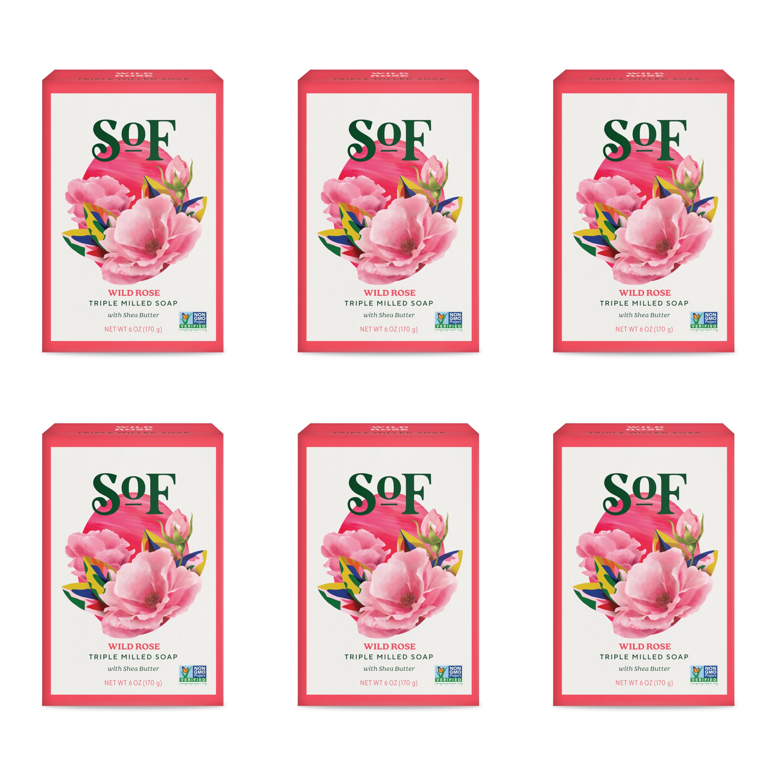 South Of France SoF Wild Rose Triple Milled Bar Soap – Coconut Oil & Organic Shea Butter | Vegan & Non-GMO | 6 x 6 oz