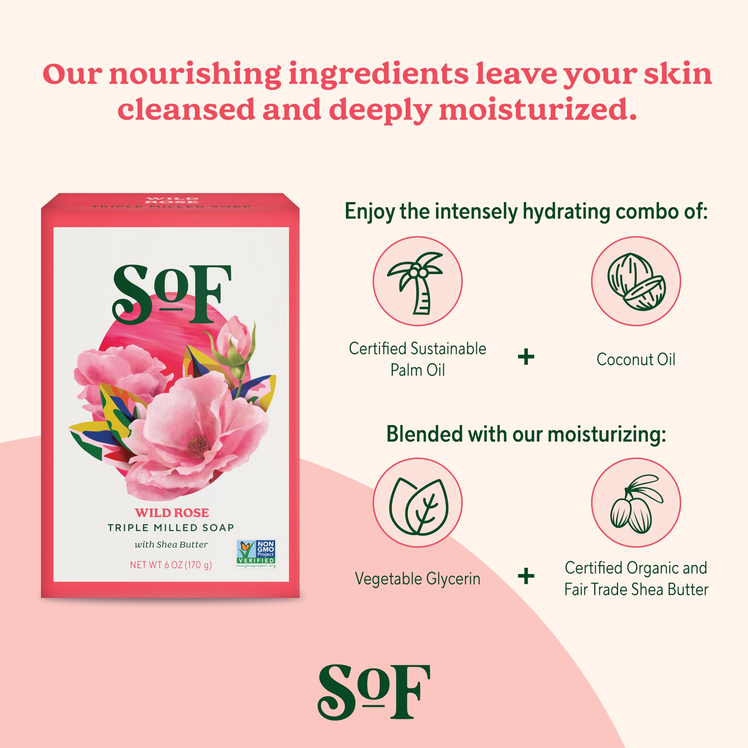 South Of France SoF Wild Rose Triple Milled Bar Soap – Coconut Oil & Organic Shea Butter | Vegan & Non-GMO | 6 x 6 oz