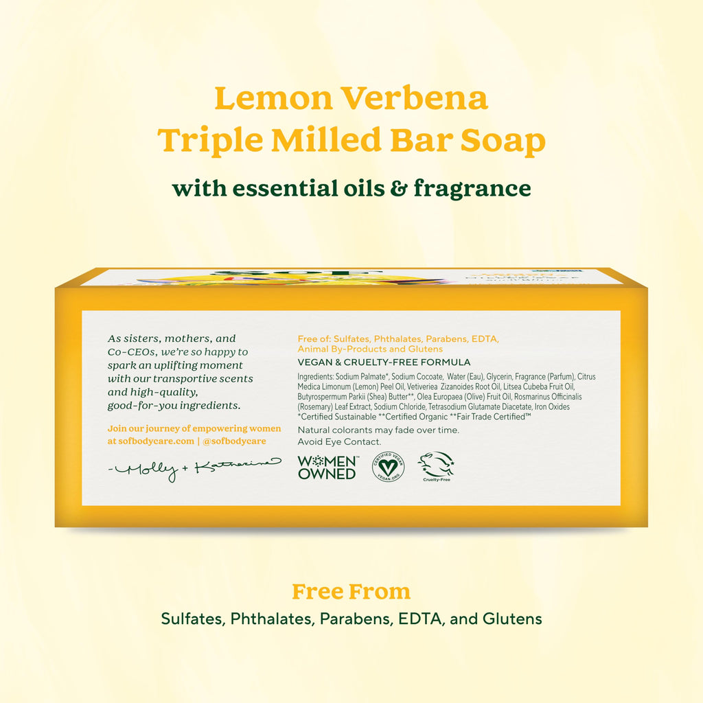South Of France SoF Lemon Verbena Triple Milled Bar Soap – Coconut Oil & Organic Shea Butter – Vegan & Non-GMO – 6 Bars (6 oz Each)