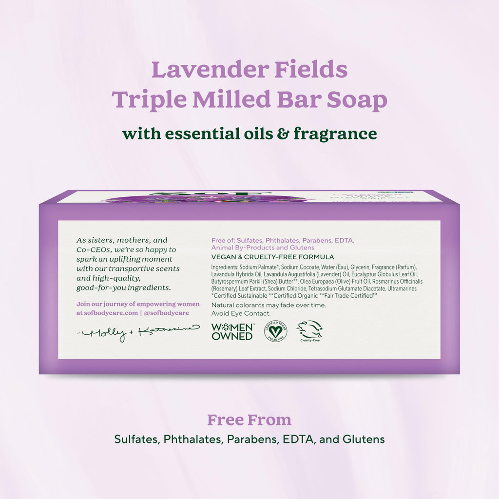 South Of France Lavender Fields Triple Milled Bar Soap - 4 x 6 oz Bars | Coconut Oil & Organic Shea Butter | Vegan & Non-GMO