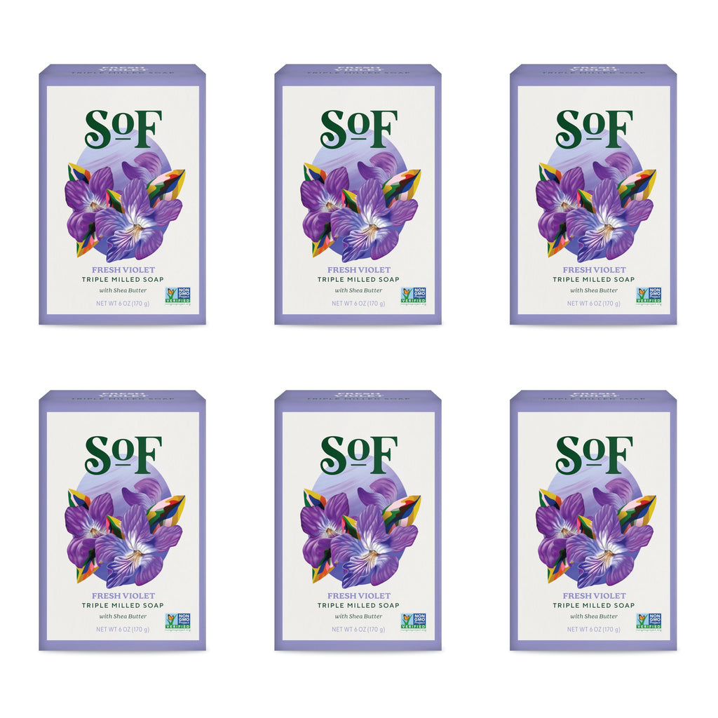South Of France SoF Triple Milled Bar Soap – Fresh Violet with Coconut Oil & Organic Shea Butter | 6 oz Bar (6 Bars) | Vegan & Non-GMO